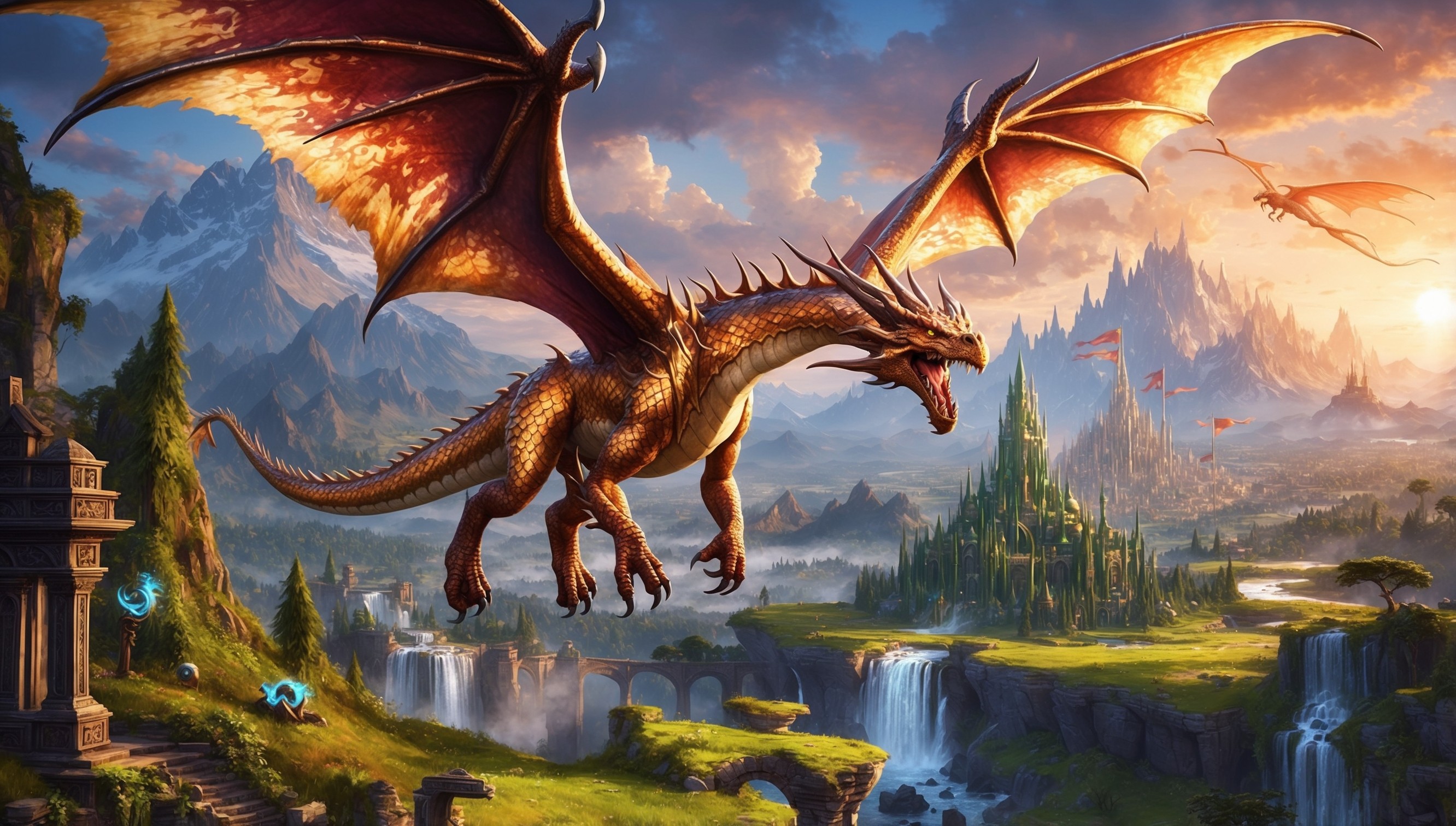 A breathtaking vista of the fantasy realm of Azeroth, set in the world of World of Warcraft, with a majestic dragon soaring through the sky, its scales glistening in shades of gold, bronze, and crimson, as the sun sets behind the mystical mountains, casting a warm orange glow over the lush, emerald green forests and sparkling waterfalls, with glimpses of ancient ruins and mystical artifacts scattered throughout the landscape, and in the distance, the imposing silhouette of Stormwind City, with its grand architecture and fluttering pennants, all rendered in a stunning, high-fantasy art style, with intricate details and textures, reminiscent of classic WoW gameplay.