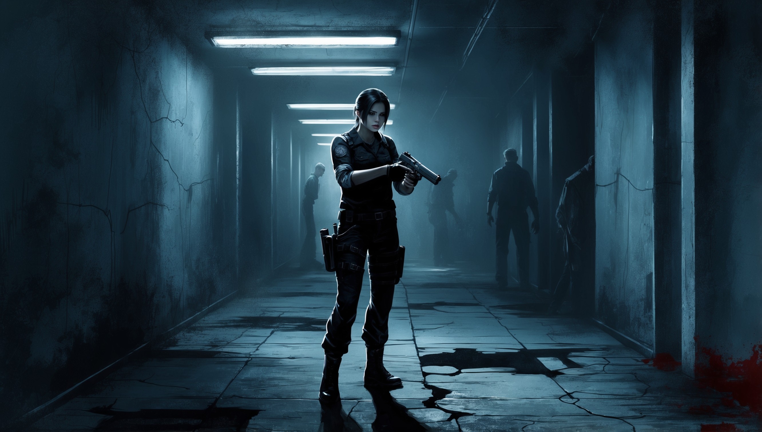 A gritty, high-contrast digital artwork depicting a dark and foreboding atmosphere, reminiscent of the Resident Evil video game series. The scene showcases a character, possibly Jill Valentine or Leon S. Kennedy, standing backlit in a dimly lit, abandoned corridor, surrounded by eerie shadows and faintly lit by flickering fluorescent lights. The character is clutching a gun, with a determined expression on their face, hinting at a sense of urgency and danger. The walls and floor are worn, with visible cracks and damage, conveying a sense of decay and neglect. In the background, subtle hints of zombies or monstrous creatures can be seen, shrouded in darkness, adding to the tense and ominous mood. The color palette is predominantly dark blues and greys, with flashes of blood red, evoking a sense of horror and survival.