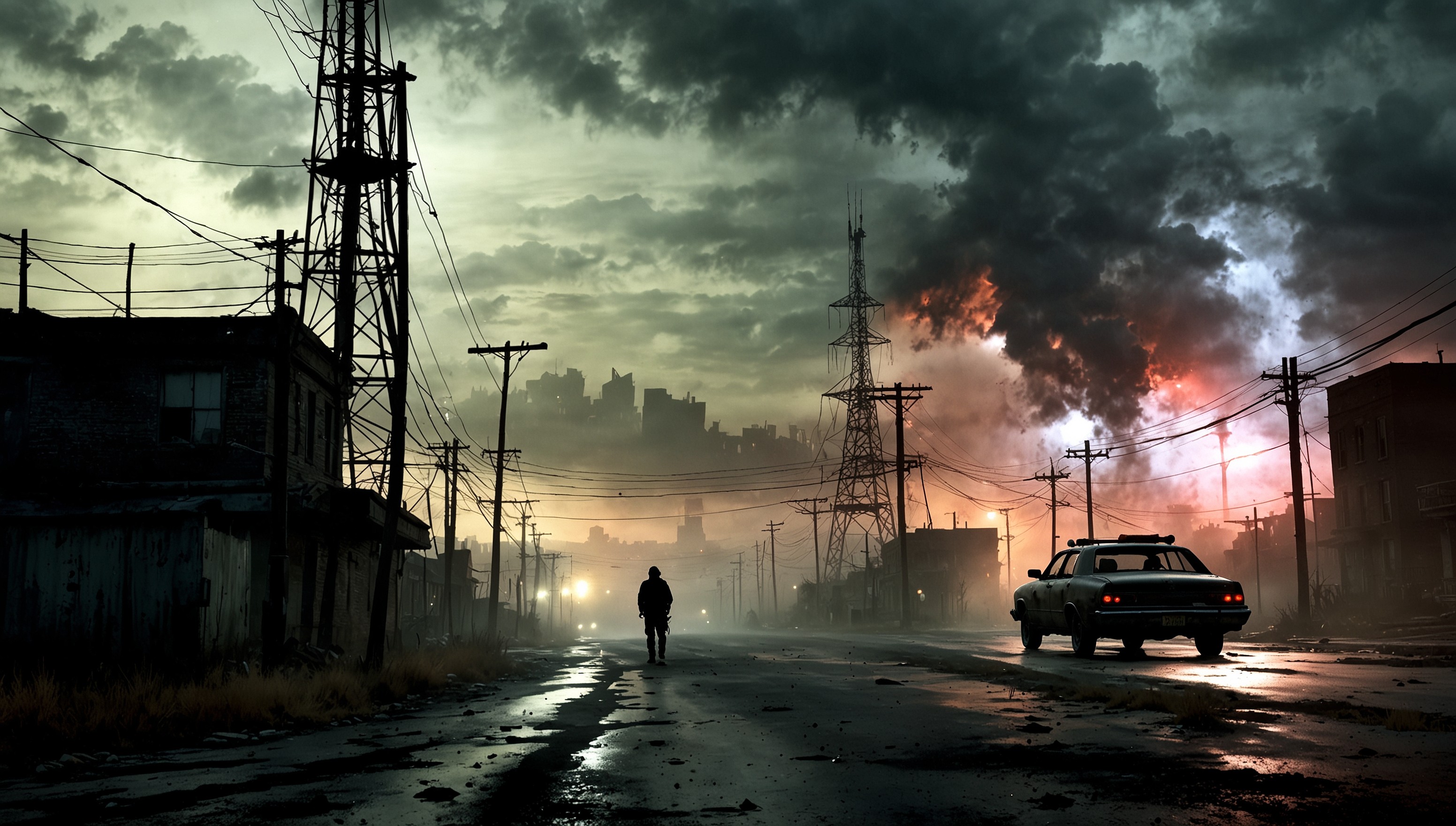 A haunting and eerie scene depicting the fog-shrouded streets of Silent Hill, with crumbling buildings, twisted metal fences, and scattered debris. The dominant colors are muted greys, blacks, and whites, evoking a sense of despair and unease. In the background, the iconic pyramid-shaped radio tower stands, its lights dimly flickering like a beacon of warning. A faint mist hangs low to the ground, shrouding the scene in an unsettling atmosphere. The sky above is a deep, foreboding grey, with hints of crimson and orange, suggesting an otherworldly presence lurking just out of sight. The composition is distorted, with warped lines and angles, echoing the psychological turmoil of the characters who dare to venture into this forsaken town. Every element seems to exude a sense of malevolent force, as if the very fabric of reality is twisted and corrupted in this haunted place.