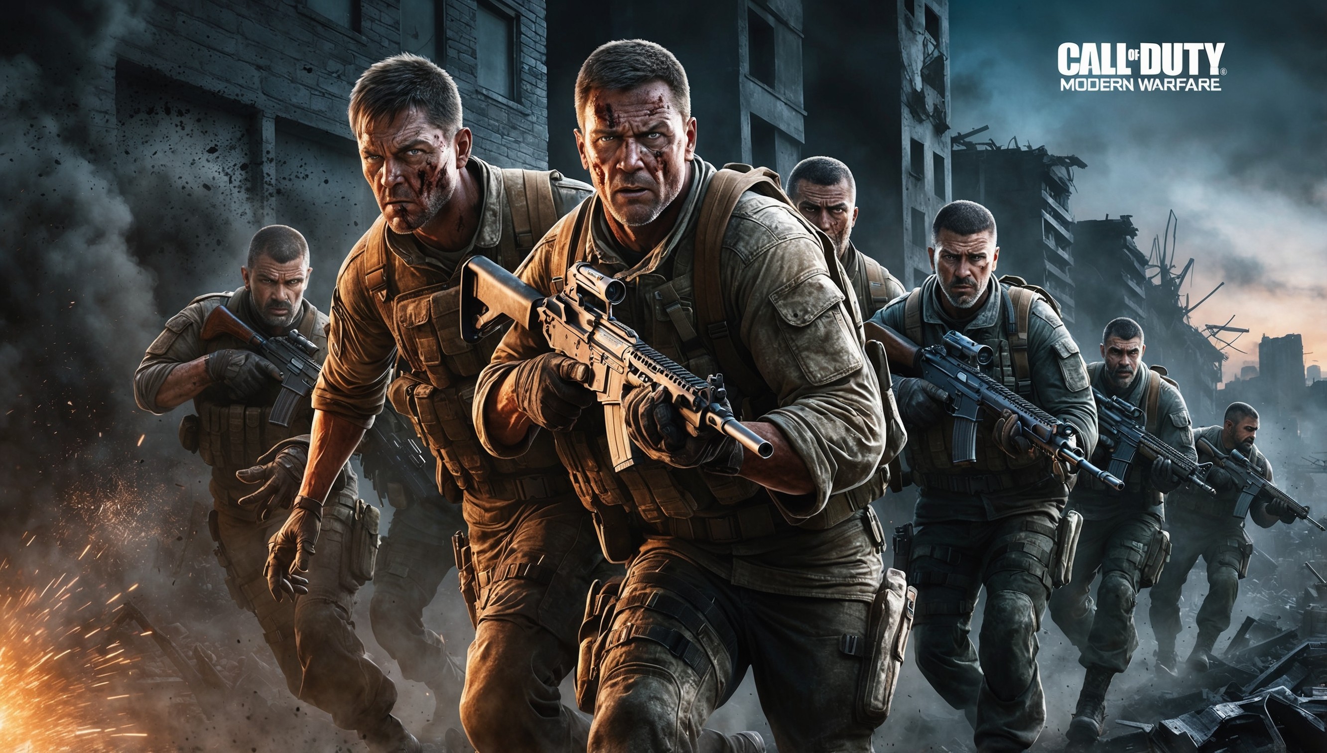 A gritty, high-contrast digital illustration depicting a dramatic scene from Call of Duty: Modern Warfare, set against a cityscape at dusk, with a mix of warm and cool tones, blending shades of charcoal, ash, and dark blues, evoking a sense of intensity and urgency, featuring a group of rugged, determined-looking soldiers, their faces weathered, with sharp jawlines, prominent cheekbones, and piercing eyes, dressed in worn, earth-toned combat gear, rifles shouldered, moving tactically through the urban battlefield, amidst explosions, smoke, and debris, with a faint glimpse of a desaturated cityscape in the background, complete with crumbling buildings, twisted metal, and shattered glass, the overall mood ominous, foreboding, and action-packed.