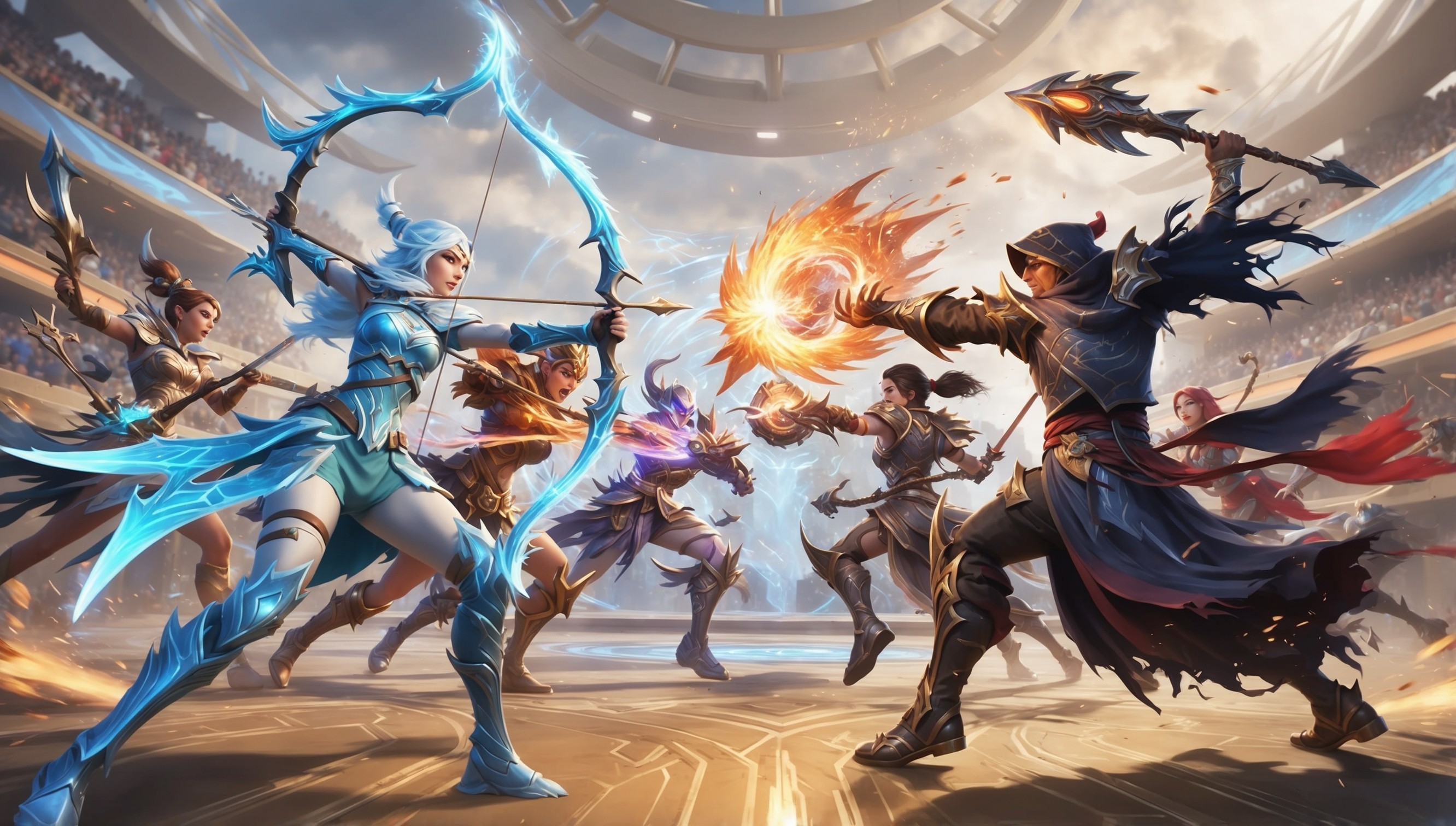 A vibrant and dynamic digital illustration of a climactic League of Legends gameplay scene, set in a futuristic arena with a sleek, high-tech aesthetic, showcasing a group of champions from different factions, each with unique abilities and personalities, clashed in an intense battle, with Ashe the Frost Archer, her icy blue armor and bow glowing with a frosty aura, facing off against Ryze the Rogue Mage, his dark, tattered robes billowing behind him as he unleashes a blast of fiery magic, amidst a whirlwind of spells, blades, and projectiles, with a blurred background of cheering crowds and flashing stadium lights, the entire scene bathed in a warm, golden light, evoking a sense of high-stakes competition and epic fantasy.