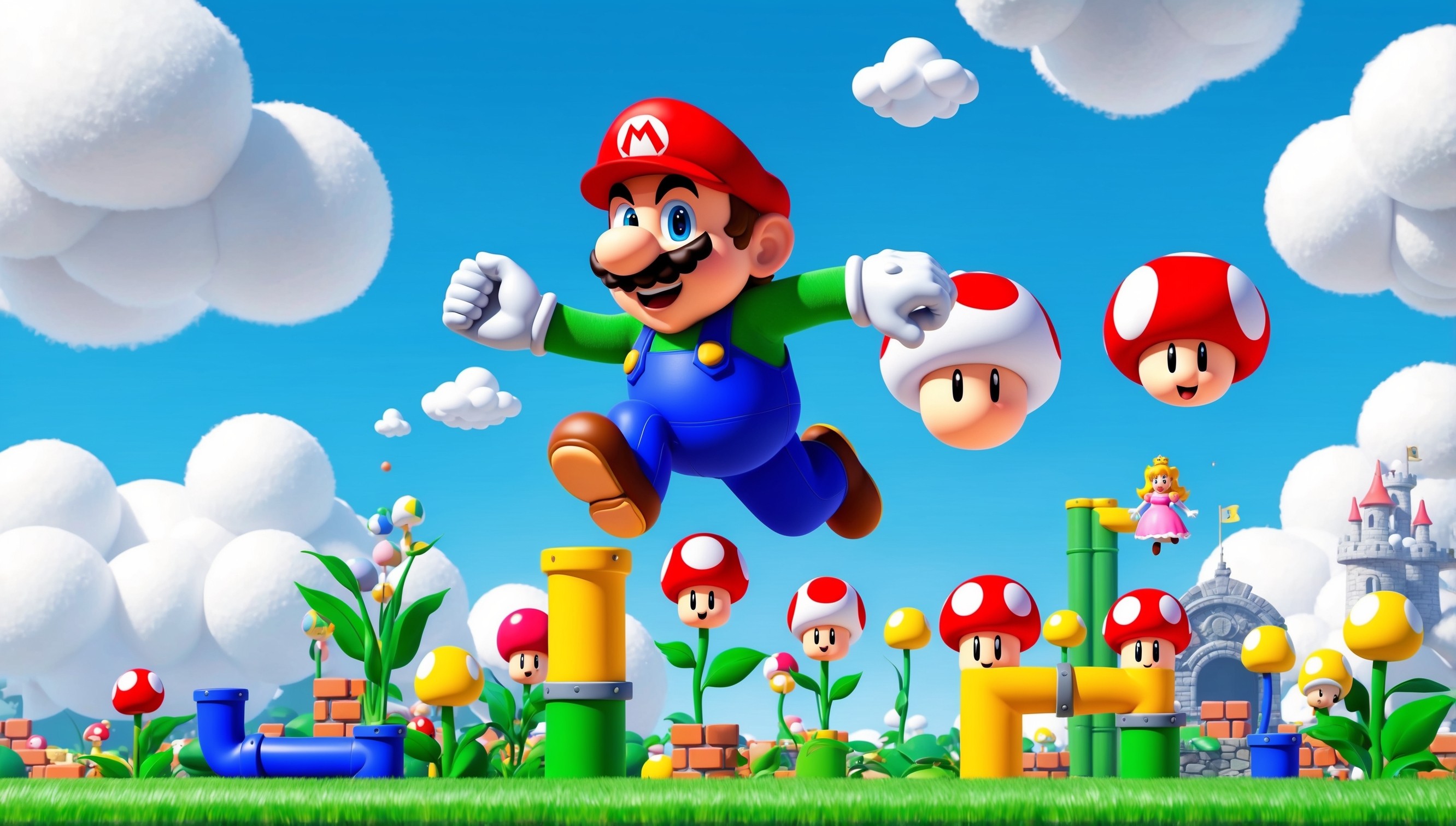 A vibrant and colorful illustration of the iconic Super Mario Bros. scene, set against a bright blue sky with fluffy white clouds, featuring Mario, a cheerful plumber with red hat, blue overalls, and a mustache, jumping in mid-air, surrounded by lush green grass, colorful mushrooms, and pipes, with Princess Peach