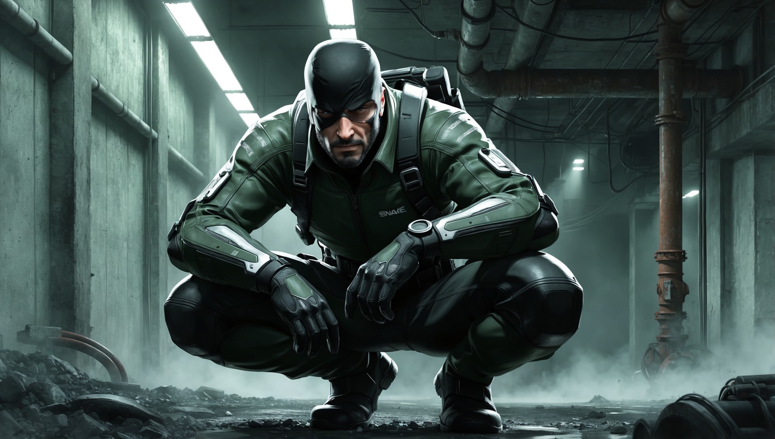 A gritty, cinematic digital illustration of Snake, the iconic protagonist of Metal Gear Solid, crouched in a stealthy pose, surrounded by a dimly lit, war-torn industrial environment with concrete walls, rusty pipes, and flickering fluorescent lights, evoking a sense of tension and urgency, rendered in a mix of muted greens, grays, and blacks, with bold, expressive lines and subtle texture, incorporating subtle hints of neon accents, emphasizing Snake