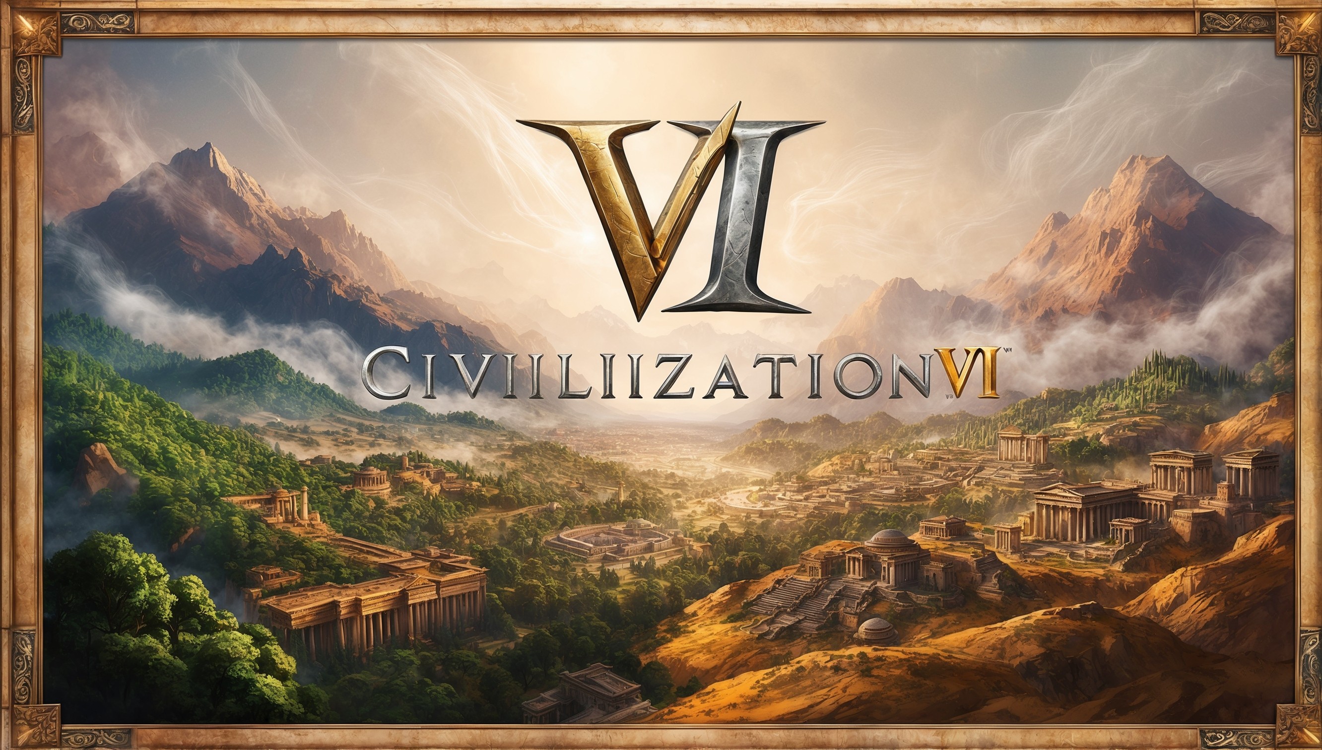 A vibrant, detailed illustration of the Civilization VI game, featuring a sprawling, epic landscape with lush green forests, majestic mountains, and ancient ruins, set against a warm, golden-brown color scheme, with intricate textures and patterns on the buildings and terrain, evoking a sense of history and grandeur, with the game