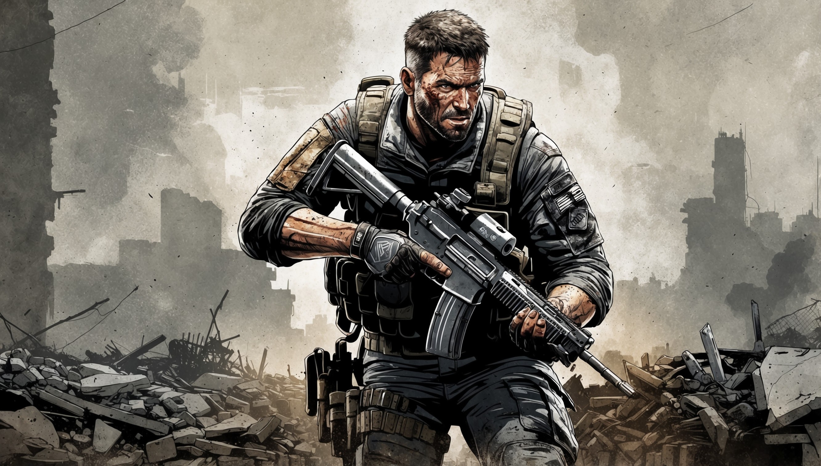 A gritty, high-contrast digital illustration of a fictional soldier from the Call of Duty: Modern Warfare series, set against a worn, urban background with muted, earthy tones of gray, brown, and beige, evoking a sense of realism and tension. The soldier, clad in a mix of tactical gear and military attire, with a worn, weathered face, strong jawline, and a determined expression, holds a rifle at the ready, with a subtle hint of sweat and grime on their skin. The surrounding environment is cluttered with debris, rubble, and destroyed cityscape elements, with a faint hint of smoke and fire in the distance. The overall style is reminiscent of a comic book or graphic novel, with bold lines, sharp shadows, and vibrant colors muted to convey a sense of grit and intensity.