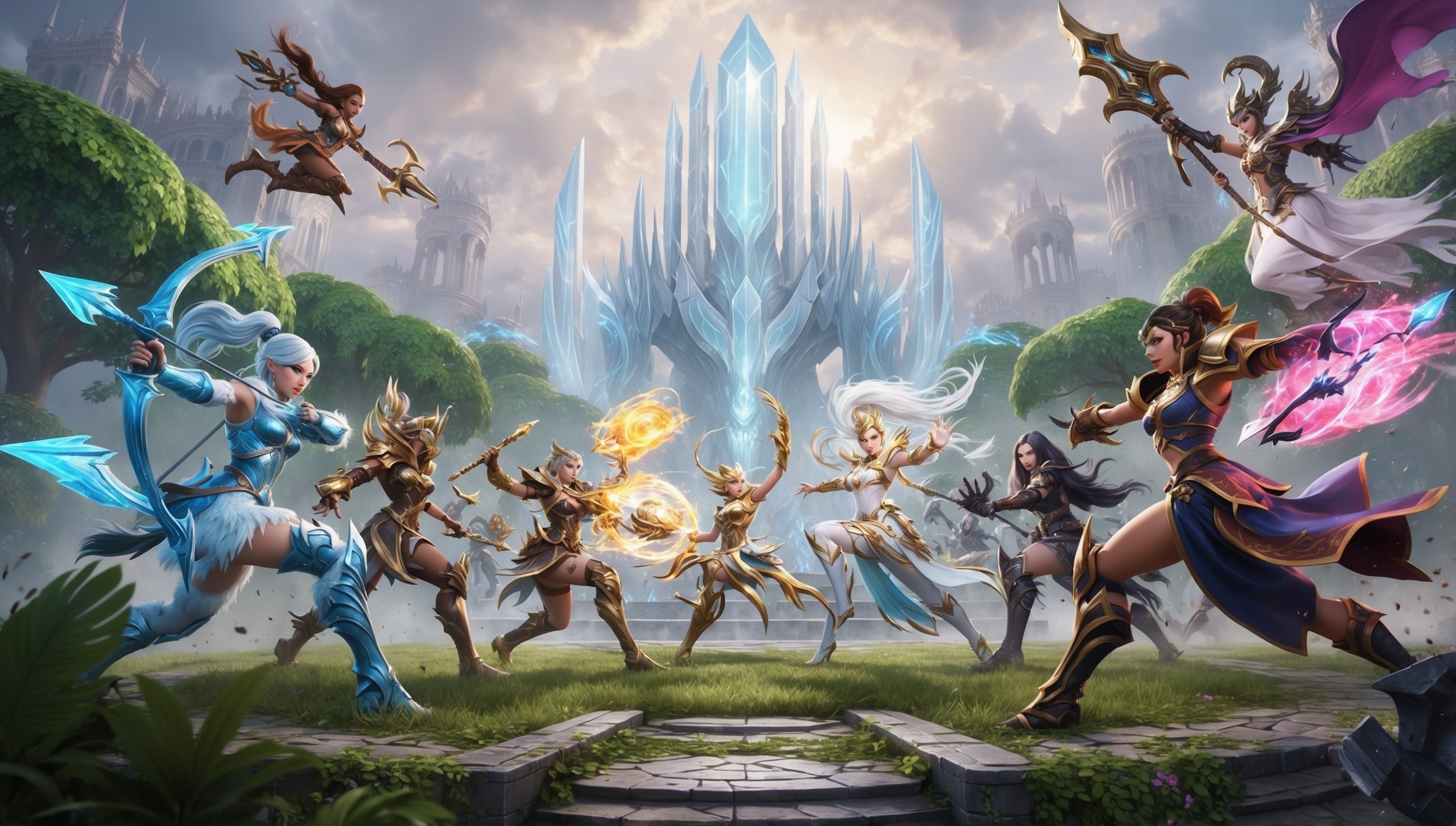 A dramatic scene from the popular multiplayer online battle arena game League of Legends, set in a fantastical arena with a majestic crystal structure at its center, surrounded by lush greenery and misty fog, with vibrant colors and dynamic lighting, featuring a diverse group of champions, each with unique abilities and elaborate costumes, such as Ashe the Frost Archer with her icy blue armor and flowing silver hair, Lux the Lady of Luminosity with her radiant white and gold attire, and Katarina the Sinister Blade with her dark leather armor and menacing gaze, all engaged in an intense battle, with magical abilities and powerful attacks clashing in a whirlwind of action, against a backdrop of sprawling cityscape and mystical ruins.