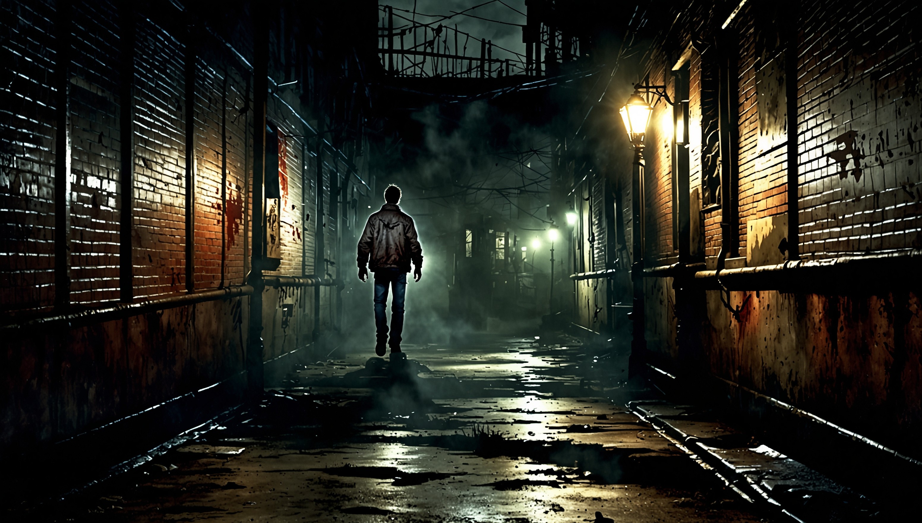 A haunting video game scene from Silent Hill, set in a foggy, eerie town with crumbling buildings and rusty railings, illuminated by an ominous, flickering streetlamp casting long shadows, with a dimly lit alleyway in the background, featuring a gritty, worn-out pavement and walls covered in Mold, where a lone, determined protagonist, with a pale, gaunt face, sunken eyes, and a troubled expression, walks cautiously, dressed in a worn, blood-stained jacket and ripped jeans, holding a flashlight that casts an eerie glow, with a faint, haunting mist swirling around, and in the distance, a faint, eerie siren wails, evoking a sense of foreboding and dread.