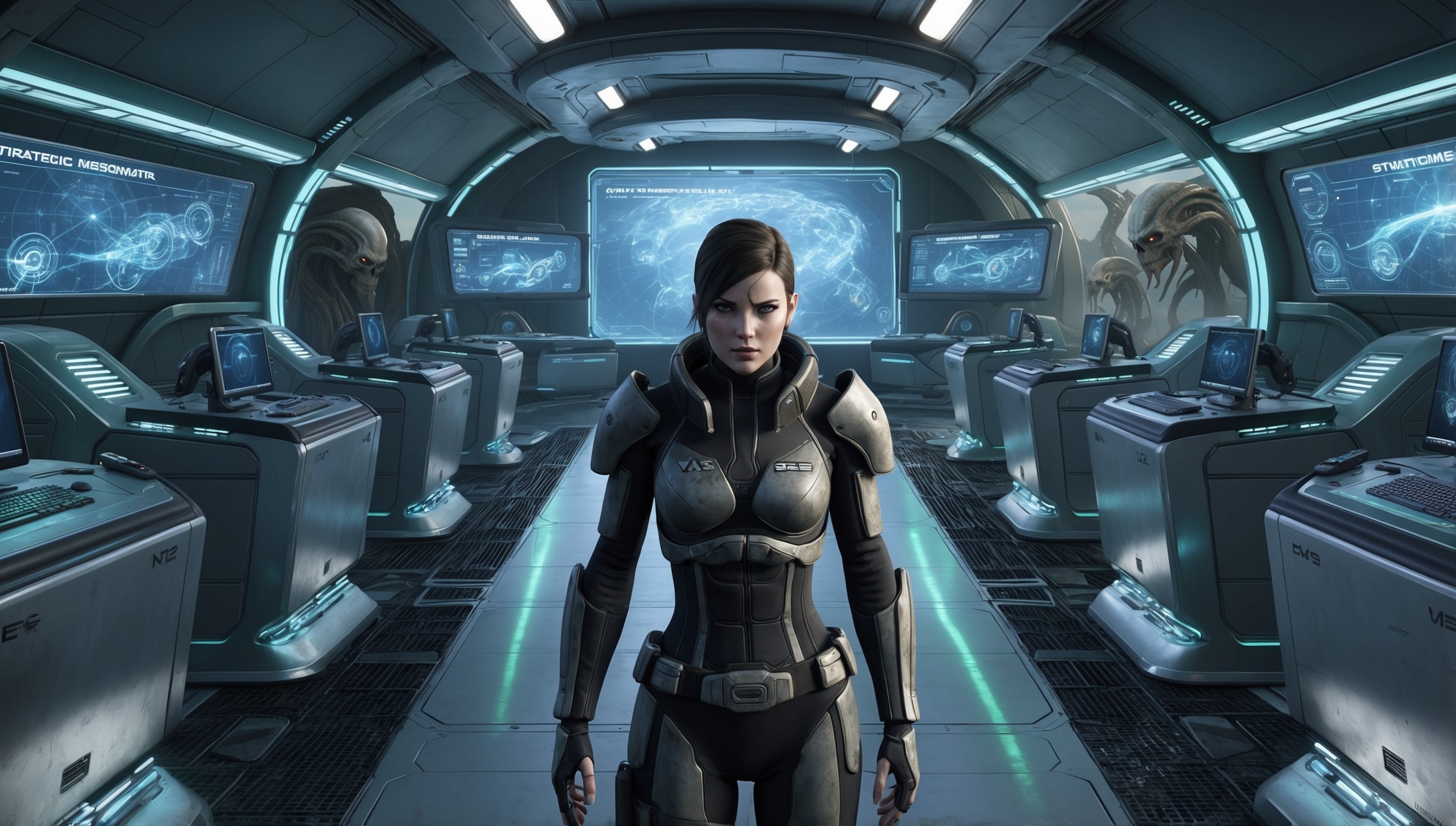 A futuristic, high-tech interior of the Normandy spaceship from the Mass Effect video game series, with a sleek, metallic surface and holographic displays projecting strategic mission data, surrounded by rows of advanced computer terminals and sleek, silver machinery, illuminated by soft, blue-green neon lights, as Commander Shepard stands in the center, wearing a worn, black and gray N7 armor set, with a determined expression on their pale, human face, eyes fixed intently on the galaxy map projected before them, with a subtle, eerie glow emanating from the mysterious, ancient Reapers looming in the background, casting a sense of urgency and danger to the scene, in a breathtaking, cinematic, sci-fi artwork, blending digital painting and 3D rendering, with bold, vibrant colors and dramatic, dynamic lighting, evoking a sense of immersion and intensity.