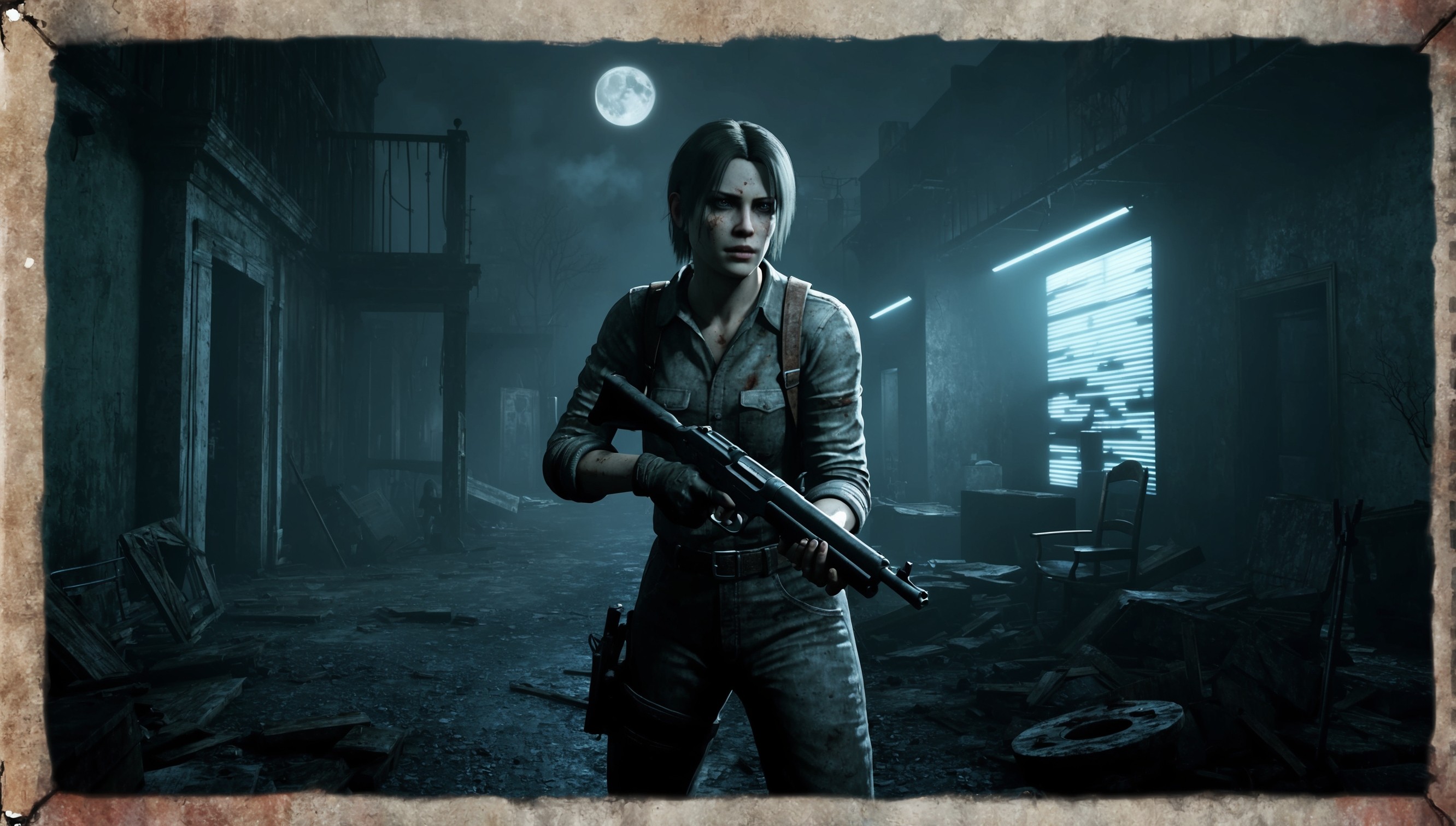 A dark and ominous screenshot of Resident Evil gameplay, set in a dimly lit, eerie atmosphere, with a strong emphasis on survival horror elements, featuring a character, possibly Leon S. Kennedy or Claire Redfield, with worn and weathered facial features, donning worn-out clothing and grasping a gun, amidst a backdrop of a creepy mansion or a deserted cityscape, with decrepit walls, broken furniture, and scattered debris, illuminated by faint moonlight or flickering fluorescent lights, with a subtle, muted color palette, dominated by shades of dark greens, blacks, and greys, with hints of crimson, evoking a sense of foreboding and dread, the image framed by a worn, vintage-style screen border, with subtle textures and film grain, evoking a sense of nostalgia and retro gaming.