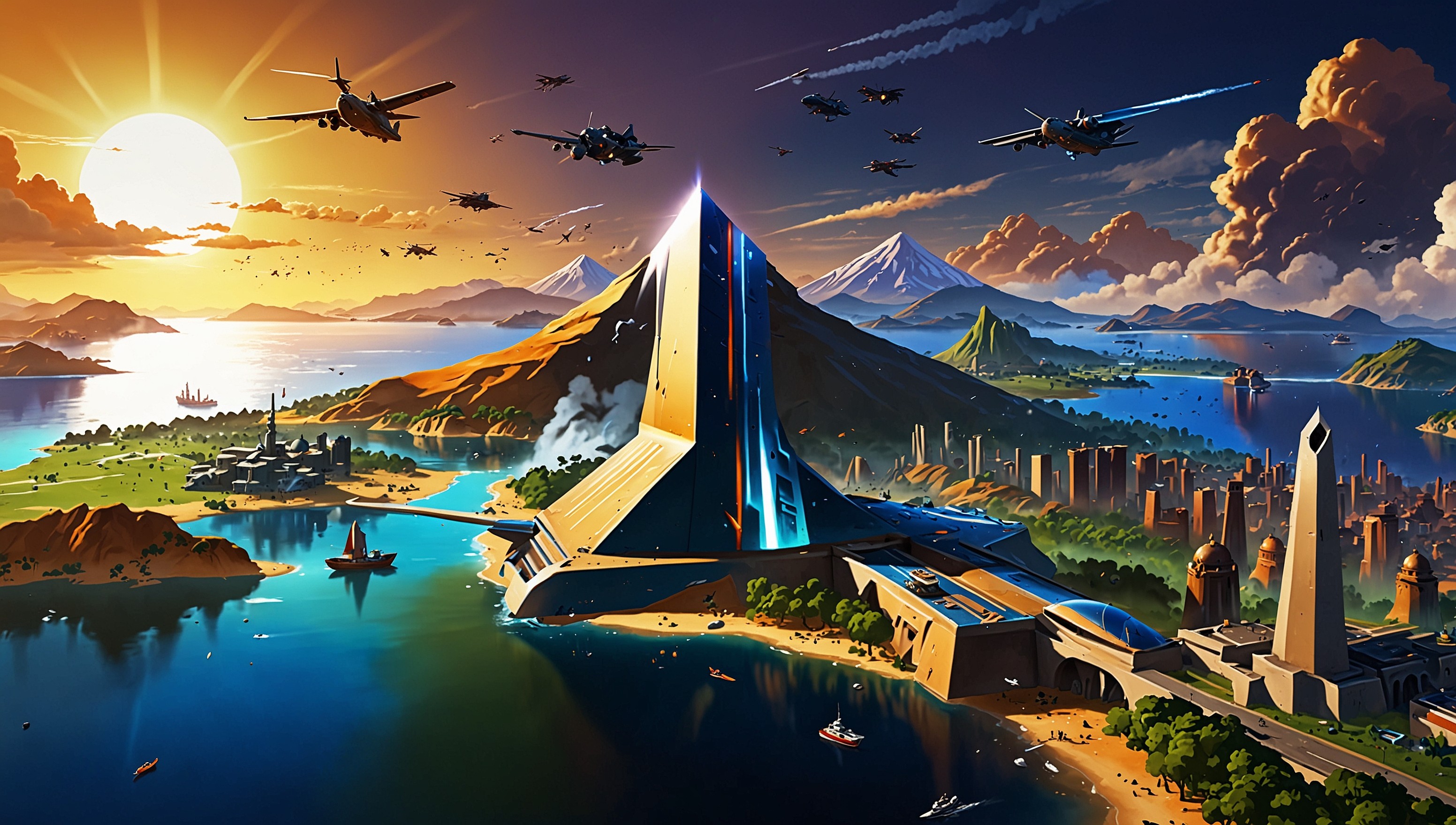 A highly detailed, vibrantly colored digital illustration of a Civilization VI gameplay scene, set against a warm, golden background, with a sprawling cityscape unfolding across the landscape, featuring a mix of ancient and modern architectural styles, with intricately designed buildings, roads, and landmarks, amidst lush green forests and rolling hills, as a powerful navy fleet dominates the nearby waters, with aircraft and military units strategically positioned to defend against rival civilizations, showcasing a well-balanced mix of economic, scientific, and military progress, with subtle animations and visual effects adding depth and dynamism to the scene, all rendered in a stylized, slightly cartoonish art style reminiscent of the game