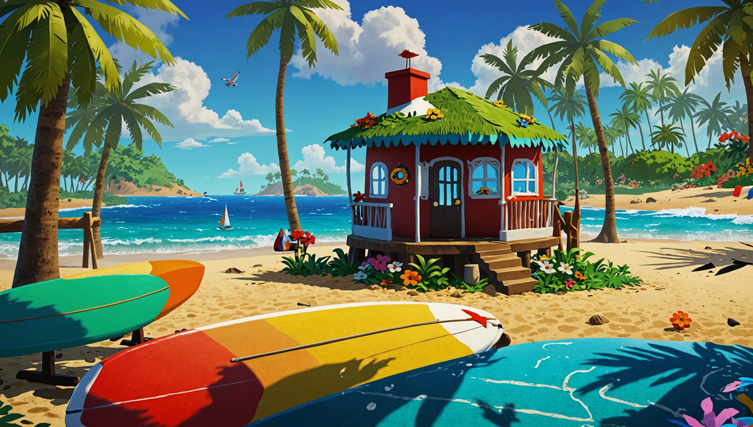 A serene and vibrant island scene from Animal Crossing: New Horizons, featuring Tom Nook