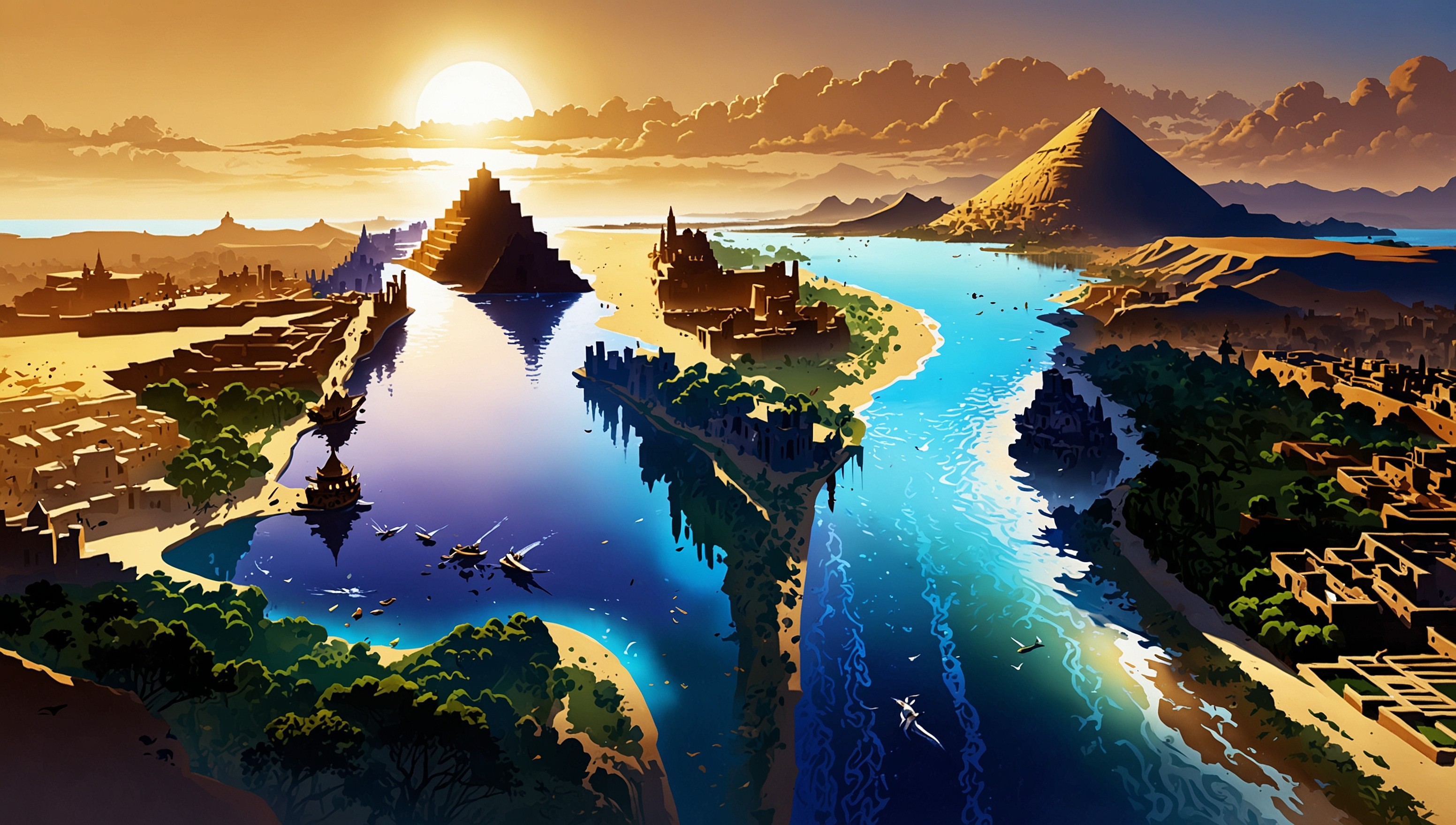 A majestic, golden-lit illustration of a sprawling cityscape inspired by Sid Meier