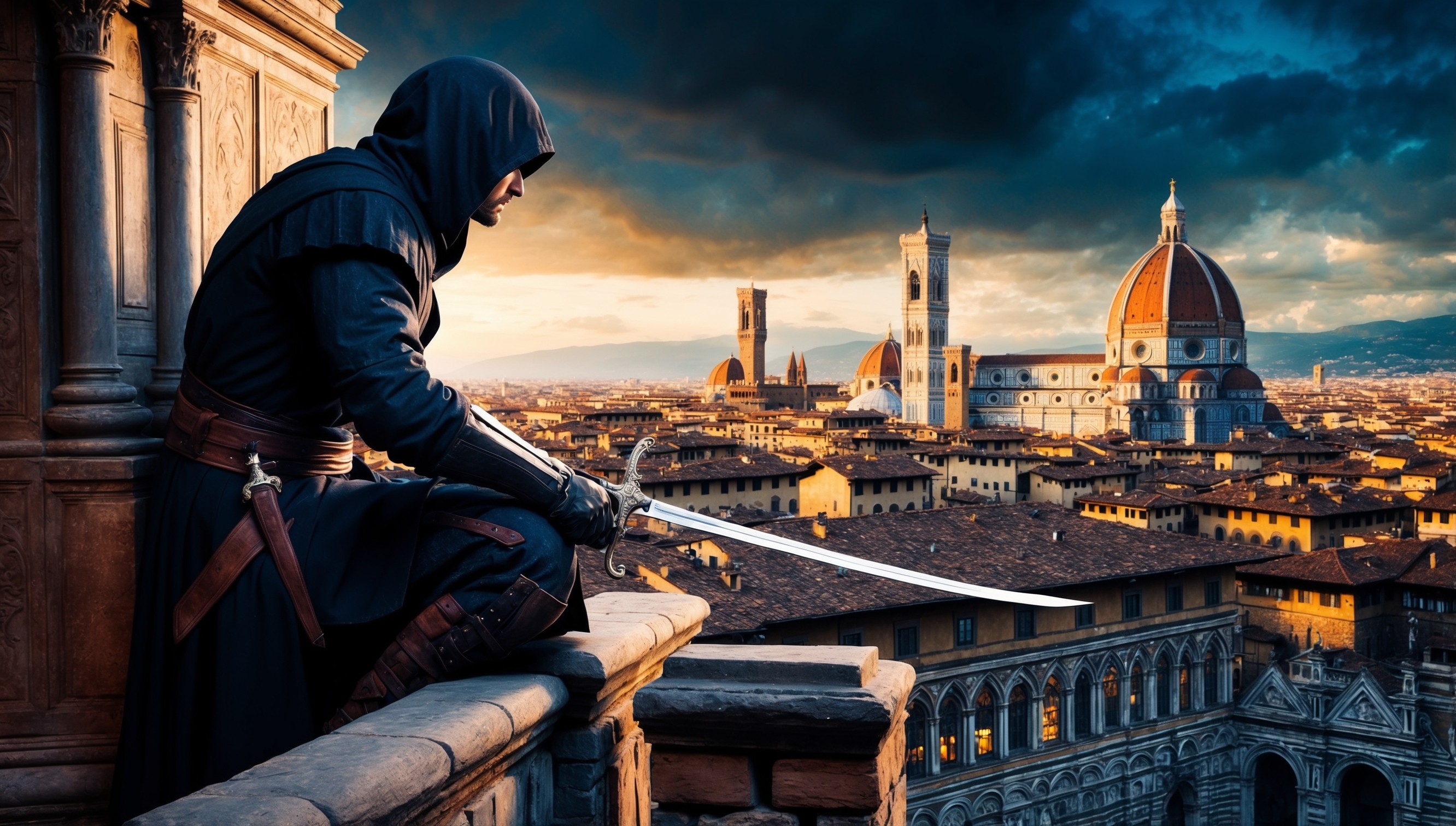 A dramatic scene depicting a stealthy assassin, cloaked in a dark hooded robe, perched atop a Renaissance-era stone building, gazing out over the sprawling cityscape of 15th-century Florence, Italy, with the iconic Duomo in the distant background, bathed in the warm, golden light of sunset, set against a rich, vibrant background of earthy tones and deep blues, with intricate architecture and ornate details, evoking a sense of historical accuracy and gritty realism, with a subtle emphasis on the assassin