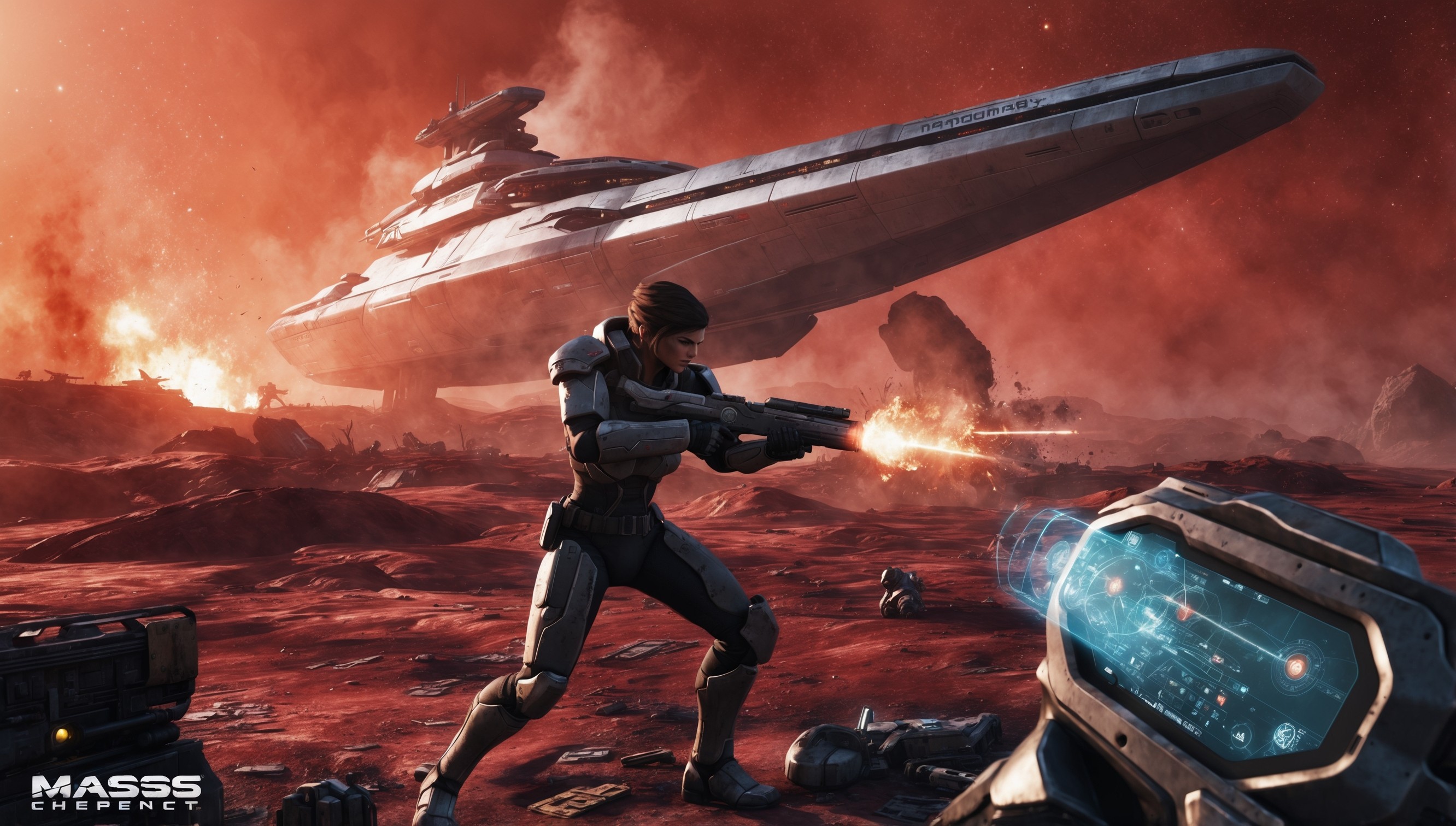 A futuristic, high-action scene depicting Commander Shepard in the midst of an intense firefight on a desolate, crimson-hued planet, with the sleek, silver hull of the Normandy looming in the background, illuminated by flashes of gunfire and explosions, set against a backdrop of stars and a fiery, orange-tinged sky, with a mix of worn, metallic surfaces and sleek, high-tech equipment scattered throughout, and a subtle, holographic display projected from Shepard