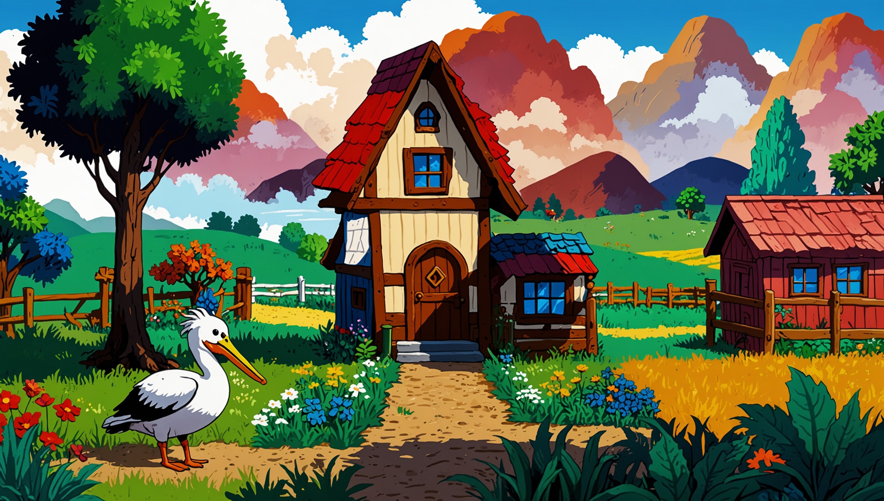 A serene and vibrant illustration of the whimsical world of Stardew Valley, featuring a bustling town square with lush greenery and colorful buildings, including the iconic Pelican Town Hall, surrounded by rolling hills and towering trees, with a warm sunny sky above, teeming with fluffy white clouds, and a sense of peacefulness and tranquility, as if the farm-fresh air is palpable, with possible subtle hints of magical sparkles and whimsical details, transporting the viewer to a world of rural charm and simplicity, evoking a sense of nostalgia and warmth, with bold lines, vibrant colors, and a mix of playful and realistic textures, blending digital and watercolor styles, with subtle animations or dynamic elements that bring the scene to life.