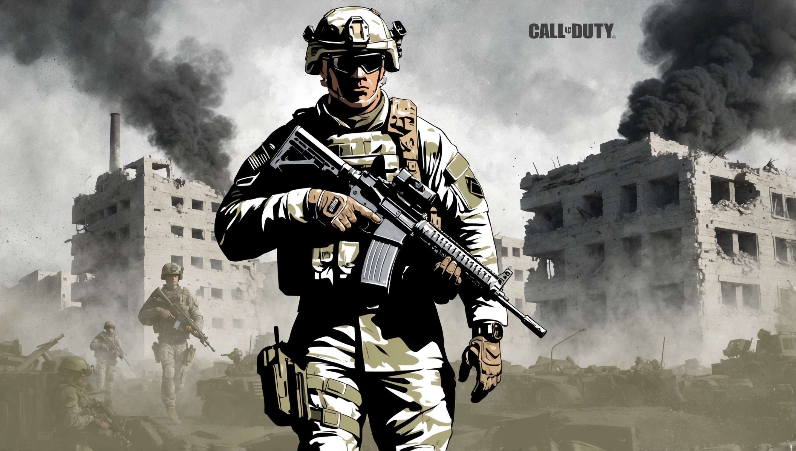 A gritty, high-contrast illustration of a Special Operations Forces soldier in a desert camouflage uniform, adorned with tactical gear and holding a rifle, set against a backdrop of a war-torn cityscape with crumbling buildings and smoke-filled skies, inspired by the Call of Duty: Modern Warfare video game series, with a focus on realistic textures, bold lines, and a muted color palette of olive green, beige, and gray, evoking a sense of intensity and urgency.