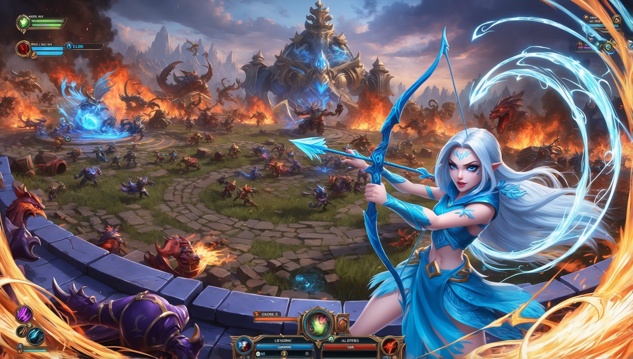 A vibrant digital illustration of a fast-paced League of Legends gameplay scene, set in the Summoner