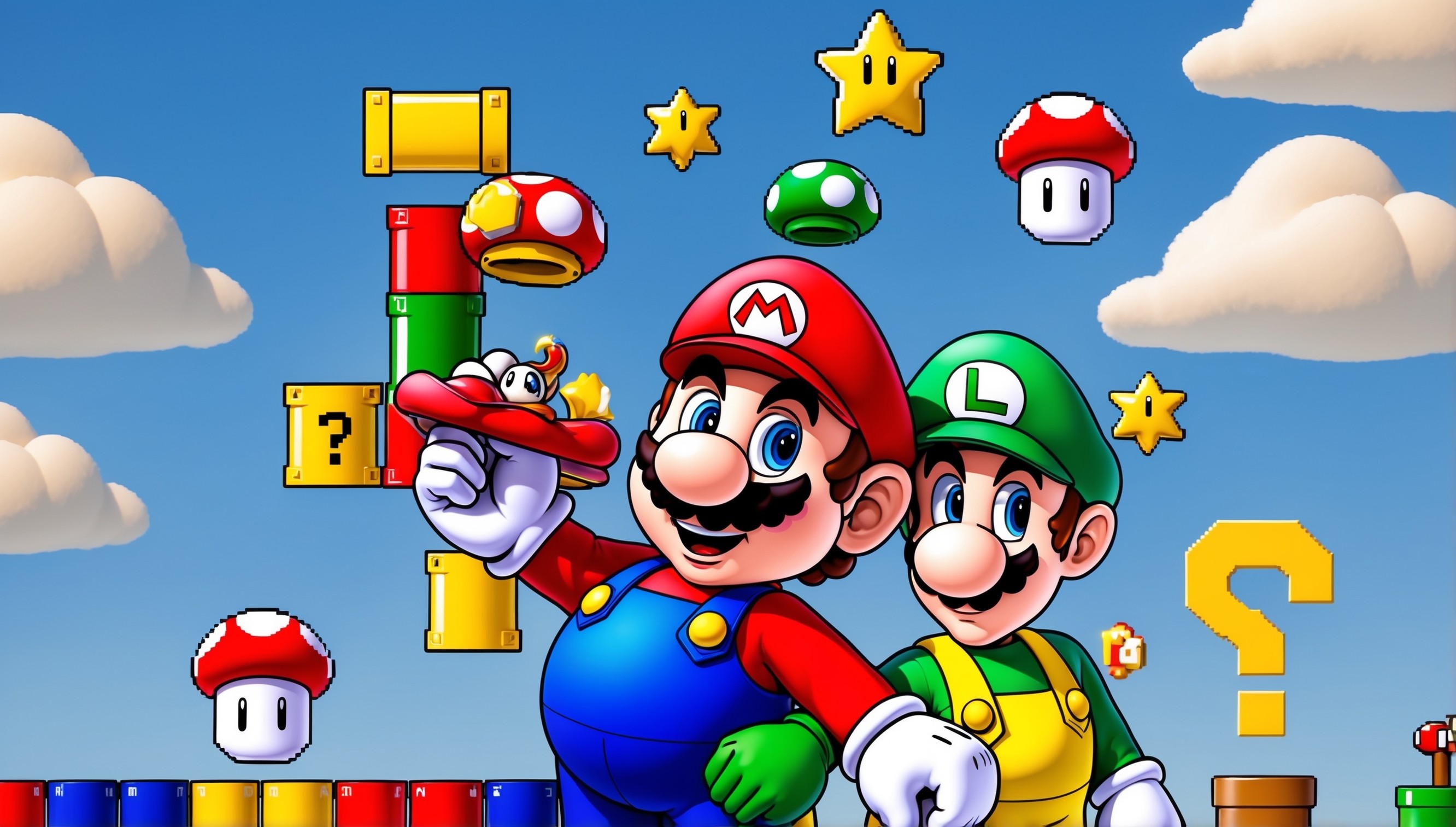 A vibrant, colorful illustration of the beloved Super Mario Bros. characters set against a bright blue sky with fluffy white clouds, featuring Mario, a rounded and mustachioed plumber with a red hat and blue overalls, standing next to his trusty brother Luigi, a slender and timid-looking figure with a green hat and yellow overalls, both of them surrounded by iconic elements from the game such as pipes, power stars, mushrooms, and question mark blocks, with a subtle gradient effect giving the image a retro arcade feel, reminiscent of the classic video game