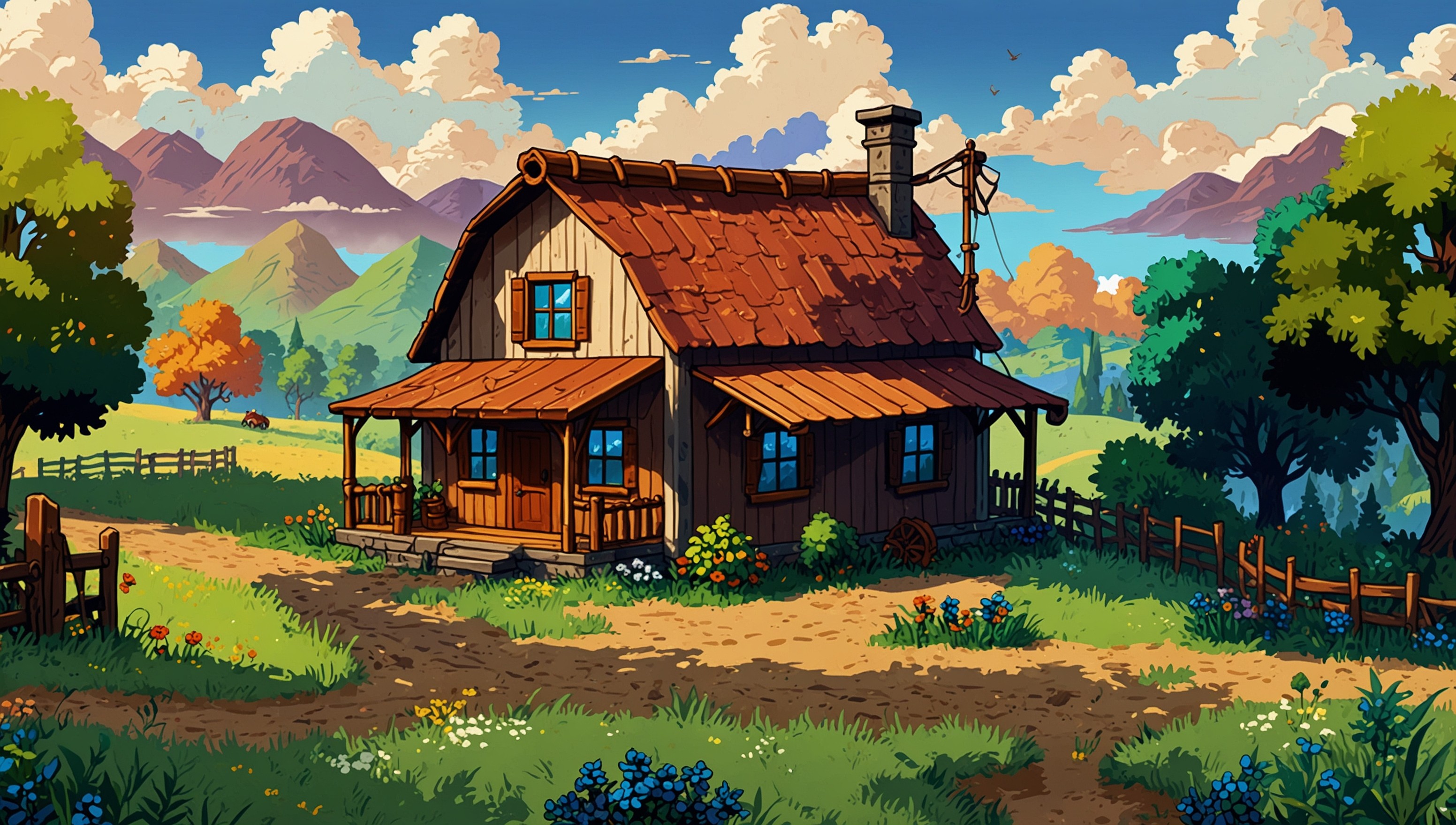 A serene and vibrant depiction of Stardew Valley, set against a warm, sunny afternoon sky with fluffy white clouds, showcasing the quaint farmhouse in the center, surrounded by lush green fields, trees, and a meandering river, with characters like Alex, Abigail, or Haley going about their daily routines, perhaps with a few livestock roaming freely, the overall atmosphere exuding a sense of peace and tranquility, with earthy tones and soft lighting, in a whimsical, hand-drawn illustration style reminiscent of the game