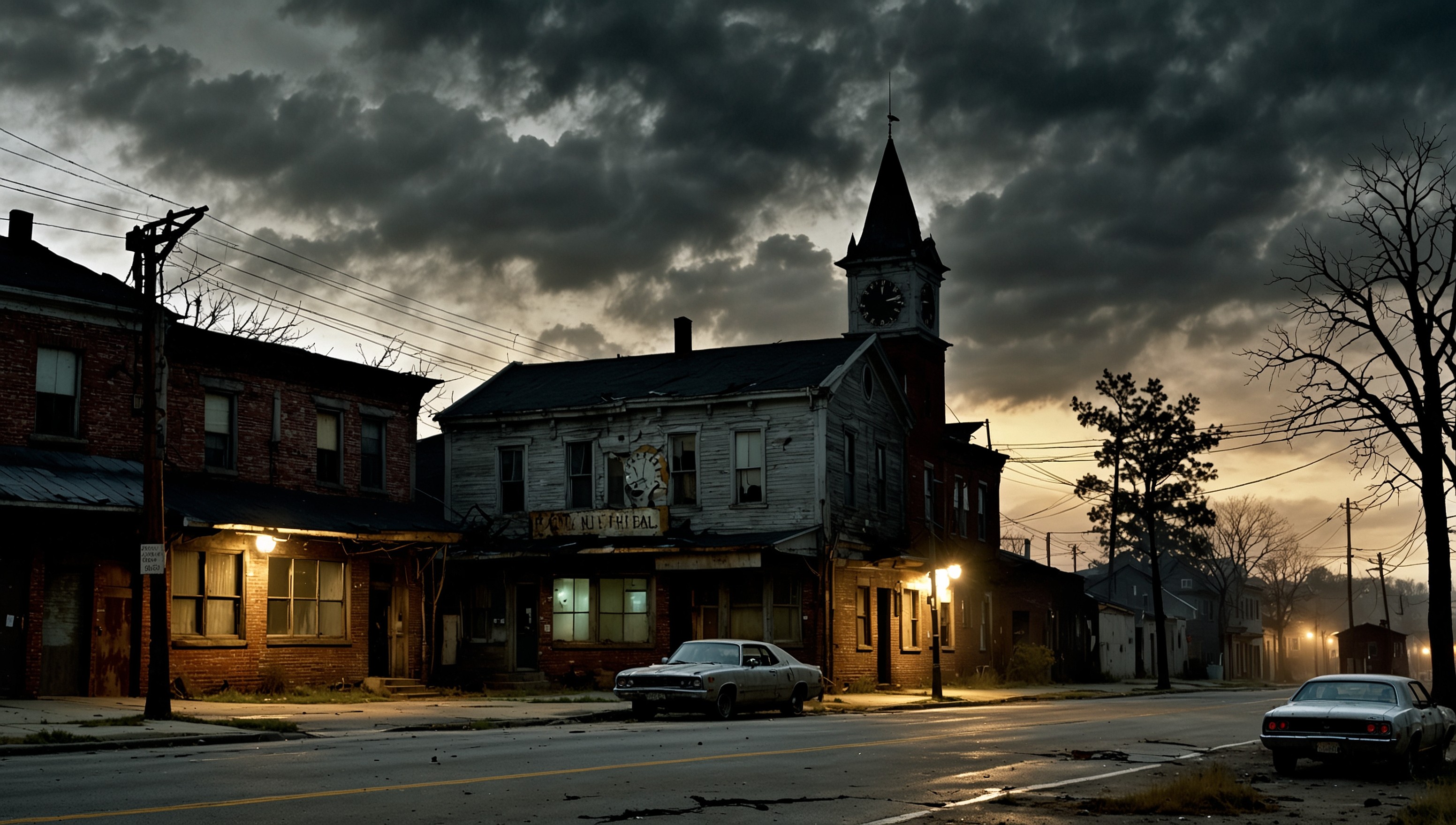 A haunting, dimly lit streetscape set in the eerie town of Silent Hill, with mist-shrouded buildings, crumbling pavement, and rusted streetlights that cast an otherworldly glow. The atmosphere is heavy with foreboding, as if the town itself is watching and waiting. In the distance, the iconic clock tower looms, its face twisted in a macabre grin. The color palette is muted, with shades of gray, brown, and crimson, evoking a sense of decay and neglect. The sky above is a sickly yellow, casting an unsettling light on the deserted scene. Every surface is weathered and worn, with peeling paint, broken windows, and twisted metal that seems to writhe like a living thing. Despite the absence of people, the air is thick with the sense of malevolent presence, as if the town itself is a character waiting to unfold its dark secrets.