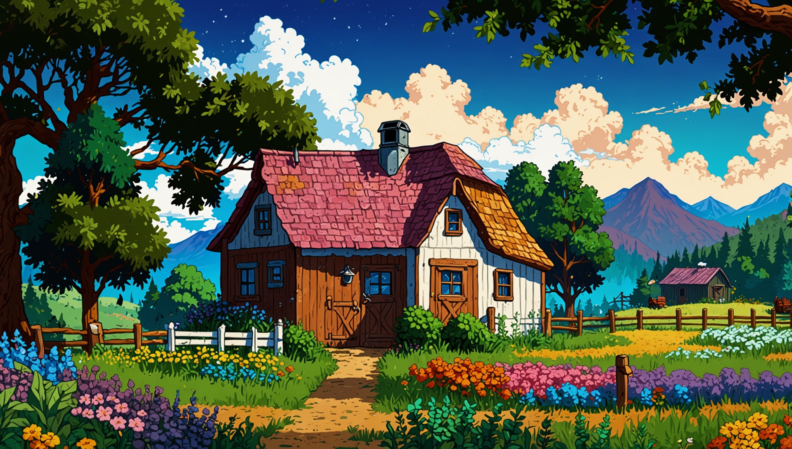 A serene and vibrant scene from the whimsical world of Stardew Valley, featuring a character standing in a lush green meadow surrounded by towering trees, wildflowers, and rustic farmhouses in the background, with a bright blue sky adorned with puffy white clouds, evoking a sense of warmth and tranquility, the character