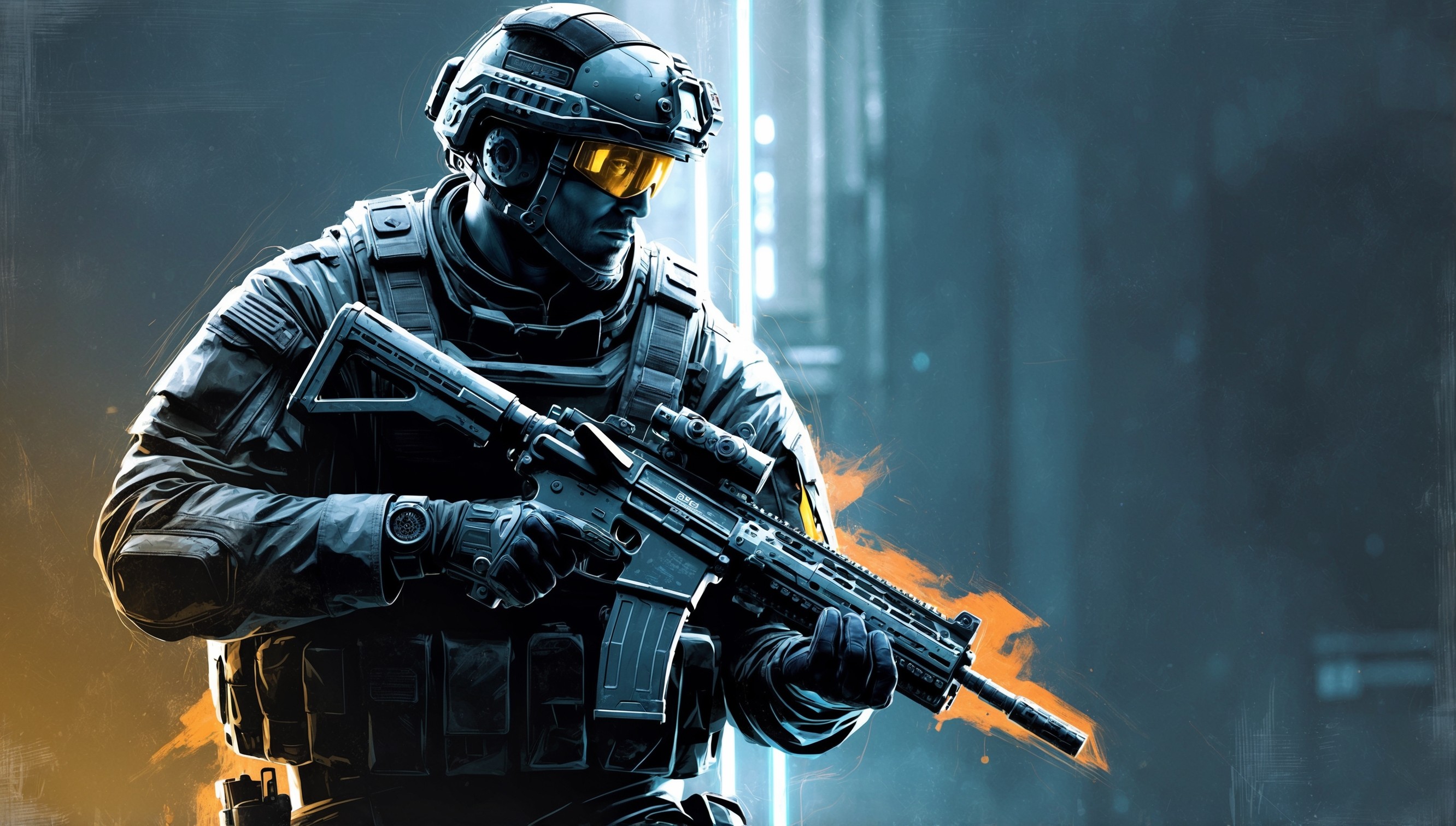 A gritty, high-contrast, digital illustration of a futuristic, special operations soldier from the Call of Duty: Modern Warfare universe, clad in a sleek, black, and gray tac-ops uniform, complete with a tactical helmet, goggles, and a loadout of advanced weaponry, set against a dark, muted, urban backdrop with subtle hints of neon lights, evoking a sense of tension and urgency, with bold, graphic lines and textures reminiscent of a comic book, and a color palette dominated by dark blues and grays, with flashes of bright, fiery oranges and yellows, to convey a sense of intensity and action.