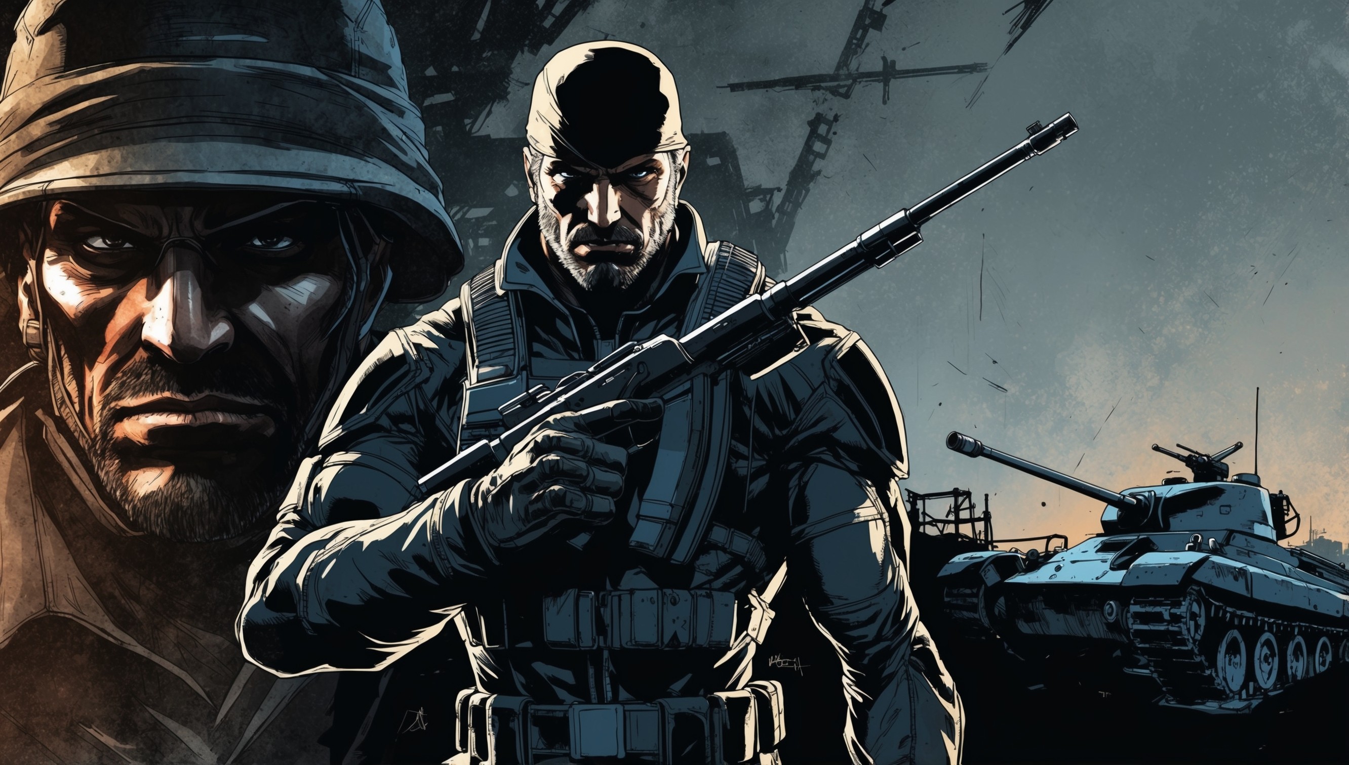 A gritty, atmospheric illustration of the iconic video game Metal Gear Solid, depicting a dramatic scene with protagonist Solid Snake, a muscular, brooding mercenary with a determined expression, clad in a stealth suit, against a dark, metallic background featuring the silhouette of a tank or a wrecked military facility, with warm, muted colors and subtle hints of blue and orange, evoking a sense of tension and mystery, in a comic book-inspired style with bold lines, dynamic shading, and a cinematic composition that draws the viewer