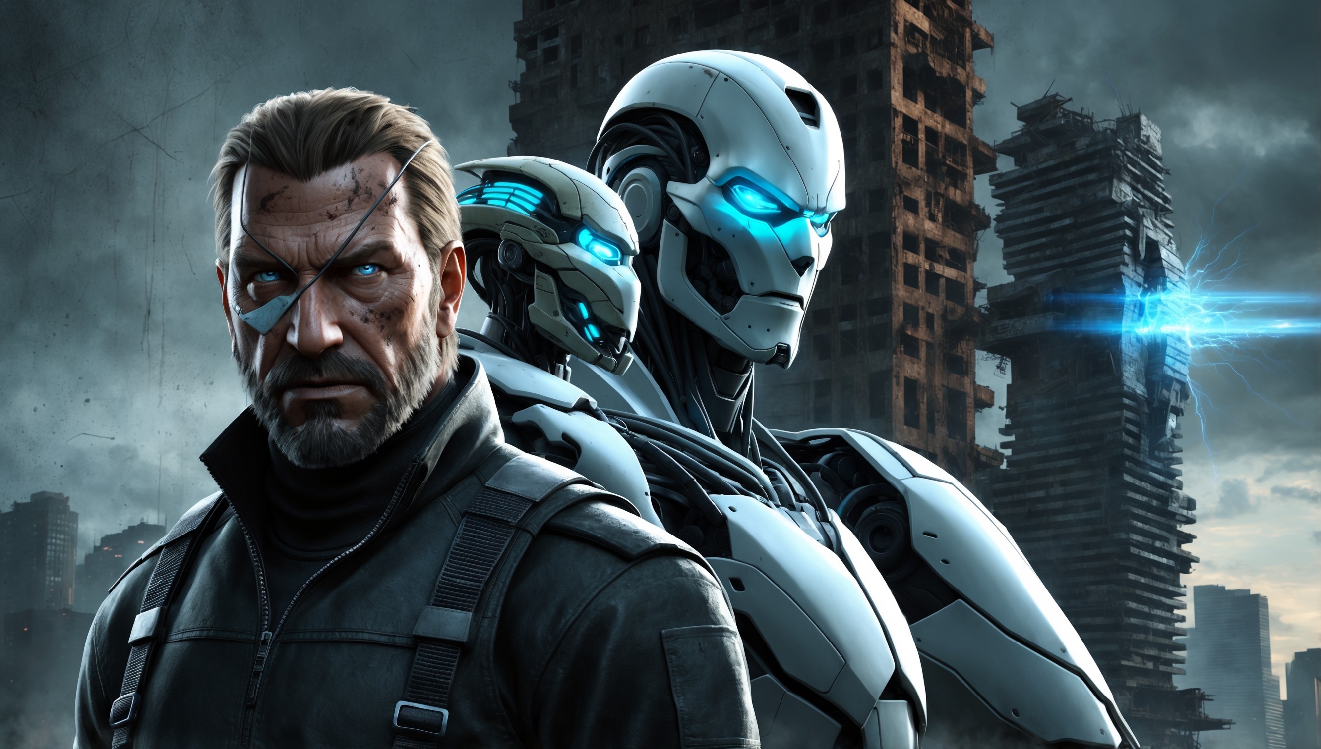 A gritty, cinematic poster featuring iconic characters and symbols from the Metal Gear Solid series, set against a dark, muted background with subtle metallic textures, evoking a sense of stealth and sophistication. In the foreground, a mature, grizzled Solid Snake stands tall, clad in his signature sneaking suit, his weathered face a testament to the countless battles he