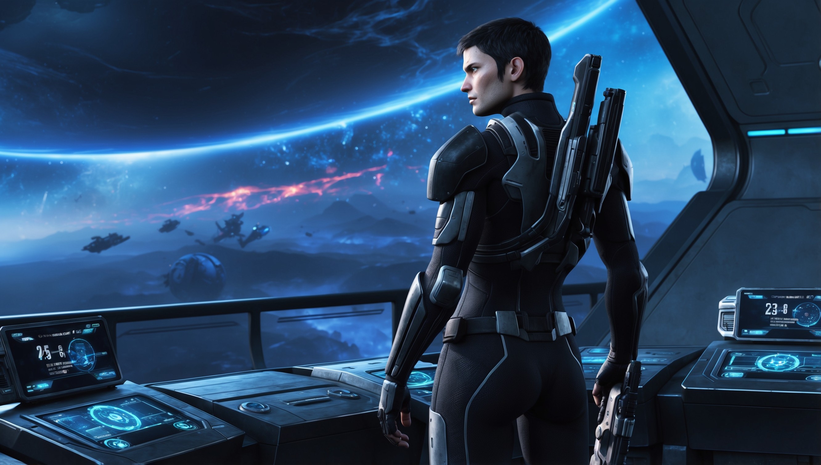 A futuristic, high-tech screenshot of Mass Effect gameplay, set in a nebulous, dark blue galaxy with vibrant, neon-lit stars and planets in the background, featuring Commander Shepard, a determined-looking human with short, dark hair, pale skin, and a rugged, athletic build, wearing a sleek, black and silver N7 armor suit, standing firmly with their back against a metallic wall, gazing out at the horizon, with an assault rifle slung over their shoulder, surrounded by holographic interfaces and sleek, metallic consoles, displaying vital mission data and statistics, with a sense of tension and urgency in the air, illuminated by harsh, cold blue lighting.