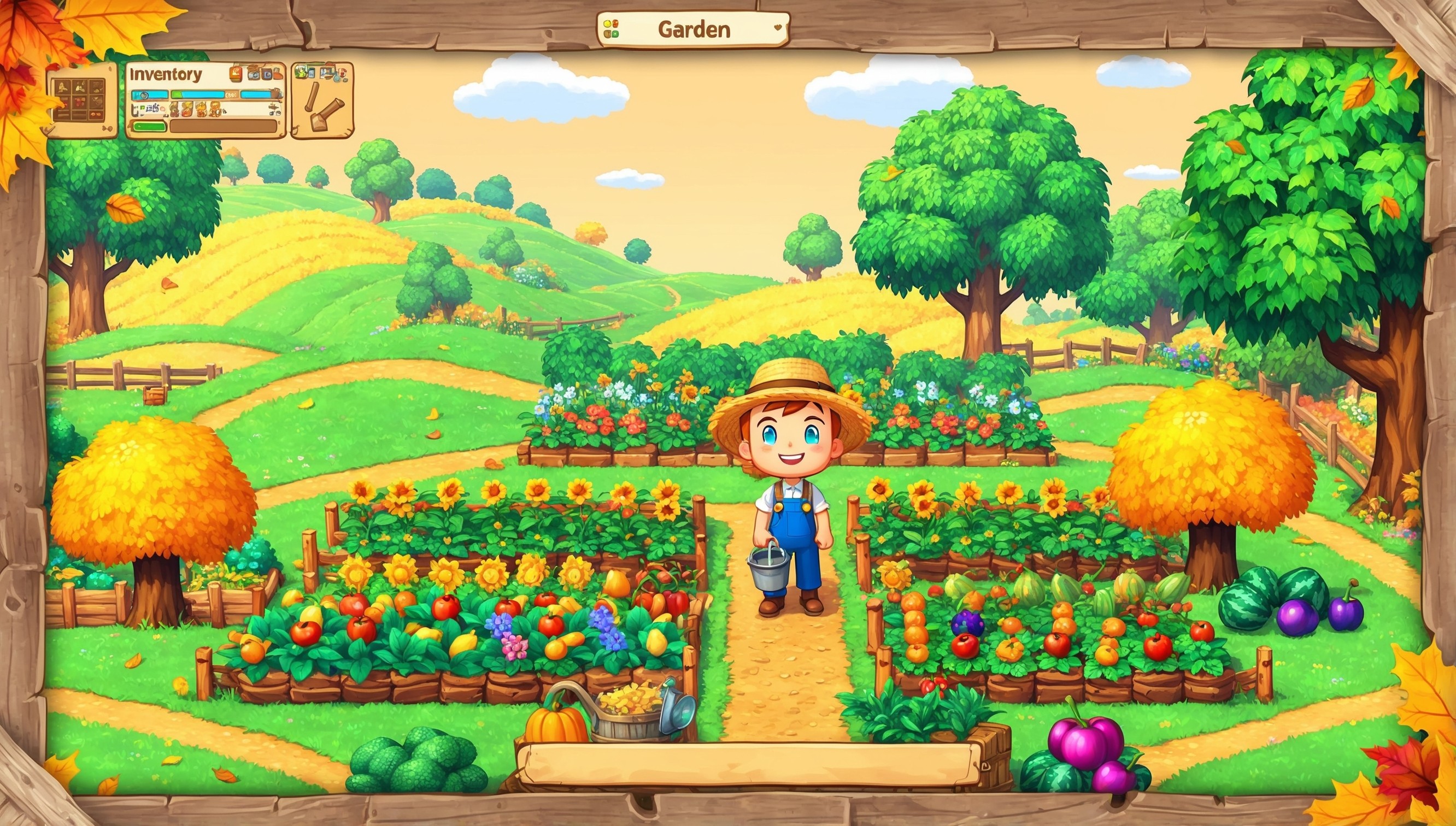 A serene and vibrant screenshot of Stardew Valley gameplay set in a lush green farm during the autumn season, with a warm golden light casting a gentle glow on the rolling hills and trees, surrounded by a subtle rustling of leaves and a few puffy white clouds in the sky, featuring the game