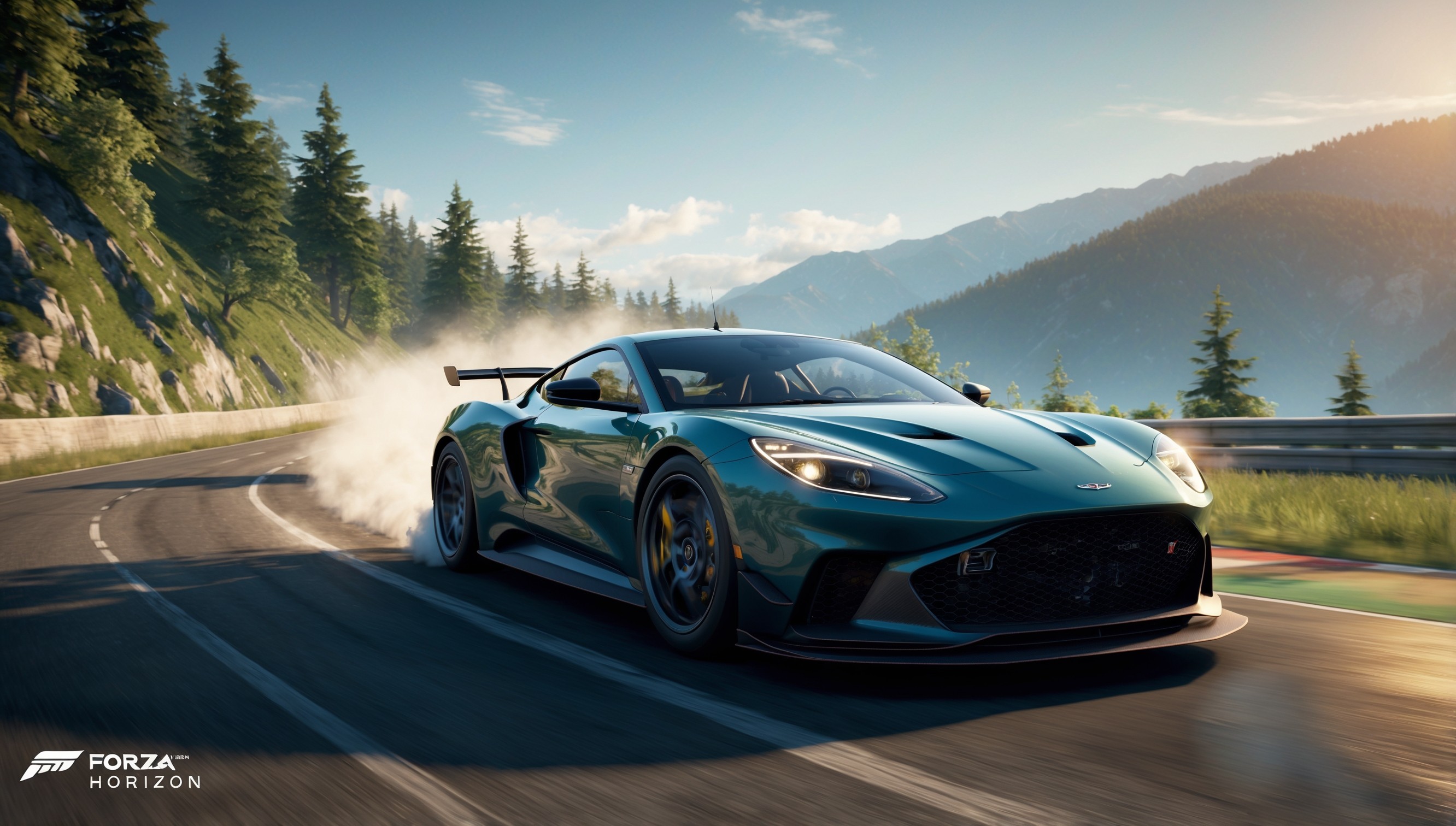 A dynamic, high-octane screenshot of Forza Horizon gameplay showcasing a sleek, custom-designed sports car speeding down a winding, sun-kissed mountain road, surrounded by lush green forests and blue skies, with a subtle mist effect in the distance, and a faint trail of smoke trailing behind the vehicle, set against a warm, golden hour lighting with long shadows and subtle lens flares, with the game