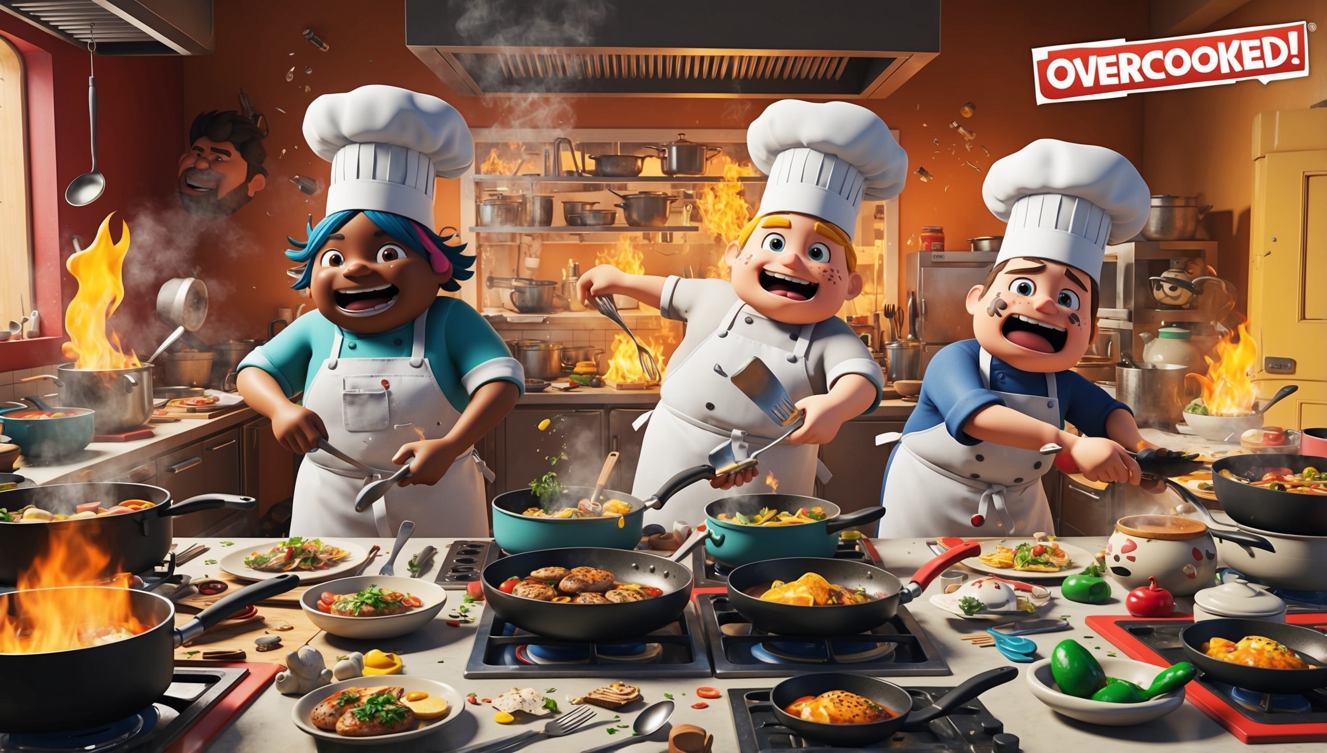 A chaotic kitchen scene from the popular cooking simulation game Overcooked! with two to four chefs, each with unique features such as different hair colors, hats, and aprons, rushing to prepare and serve dishes in a cluttered and colorful environment, with pots, pans, utensils, and ingredients scattered around, amidst flames, steam, and splatters, set against a warm and inviting background with a hint of cartoonish style, vibrant colors, and exaggerated facial expressions, capturing the frantic energy and camaraderie of the game.