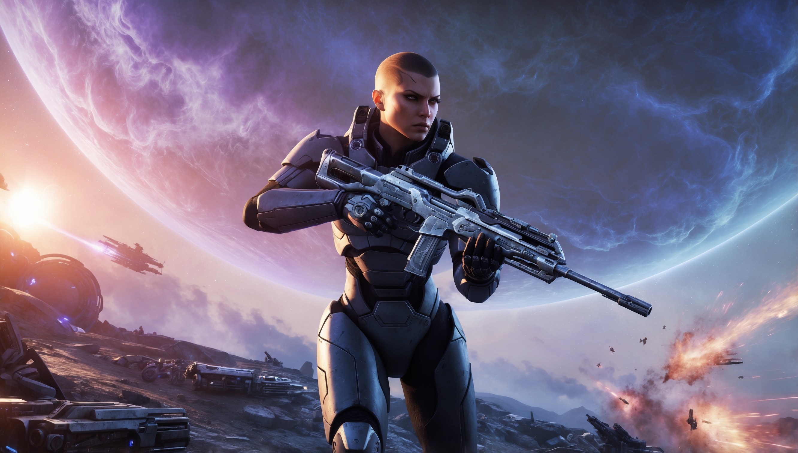 A futuristic, vibrant, and action-packed digital artwork depicting a pivotal moment in Mass Effect gameplay, set against a backdrop of a distant, celestial planet with swirling clouds of purple and blue gas, illuminated by the warm glow of a nearby star. In the foreground, Commander Shepard, clad in sleek, high-tech armor, stands defiantly, gazing out into the unknown, with a determined expression on their strong, angular face, their eyes narrowed in focus, their skin a warm, sun-kissed tone. Their trusty assault rifle, adorned with intricate, metallic details, is raised, ready to take on the imminent threat of enemy forces. The surrounding environment is littered with debris, and the air is filled with the faint, pulsing lights of holographic interfaces, as the sound of blaster fire and intense music echoes through the scene, capturing the essence of the iconic sci-fi role-playing game.