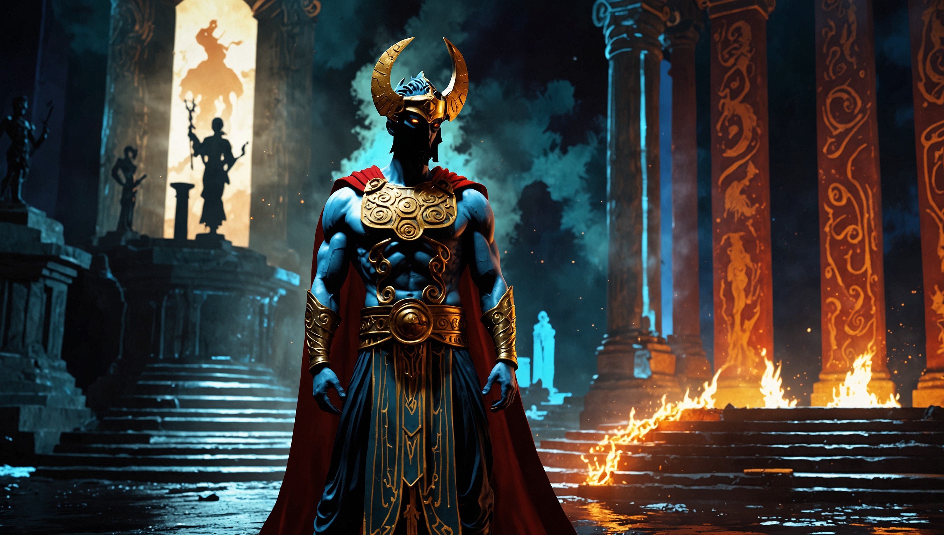 A dark, ominous scene from the Hades video game, set in the Underworld, featuring Hades, the Lord of the Dead, standing regally with his iconic helmet and red cape flowing behind him, surrounded by wisps of smoke and flickering torches, with a subtle glow emanating from the River Styx in the background, the atmosphere heavy with ancient Greek-inspired architecture and mysterious artifacts, the color palette dominated by deep reds, oranges, and yellows, with hints of gold and bronze, the overall style blending Greek mythology with a hint of modern, stylized visuals, with bold lines and vibrant textures, as if plucked straight from a ancient epic poem.