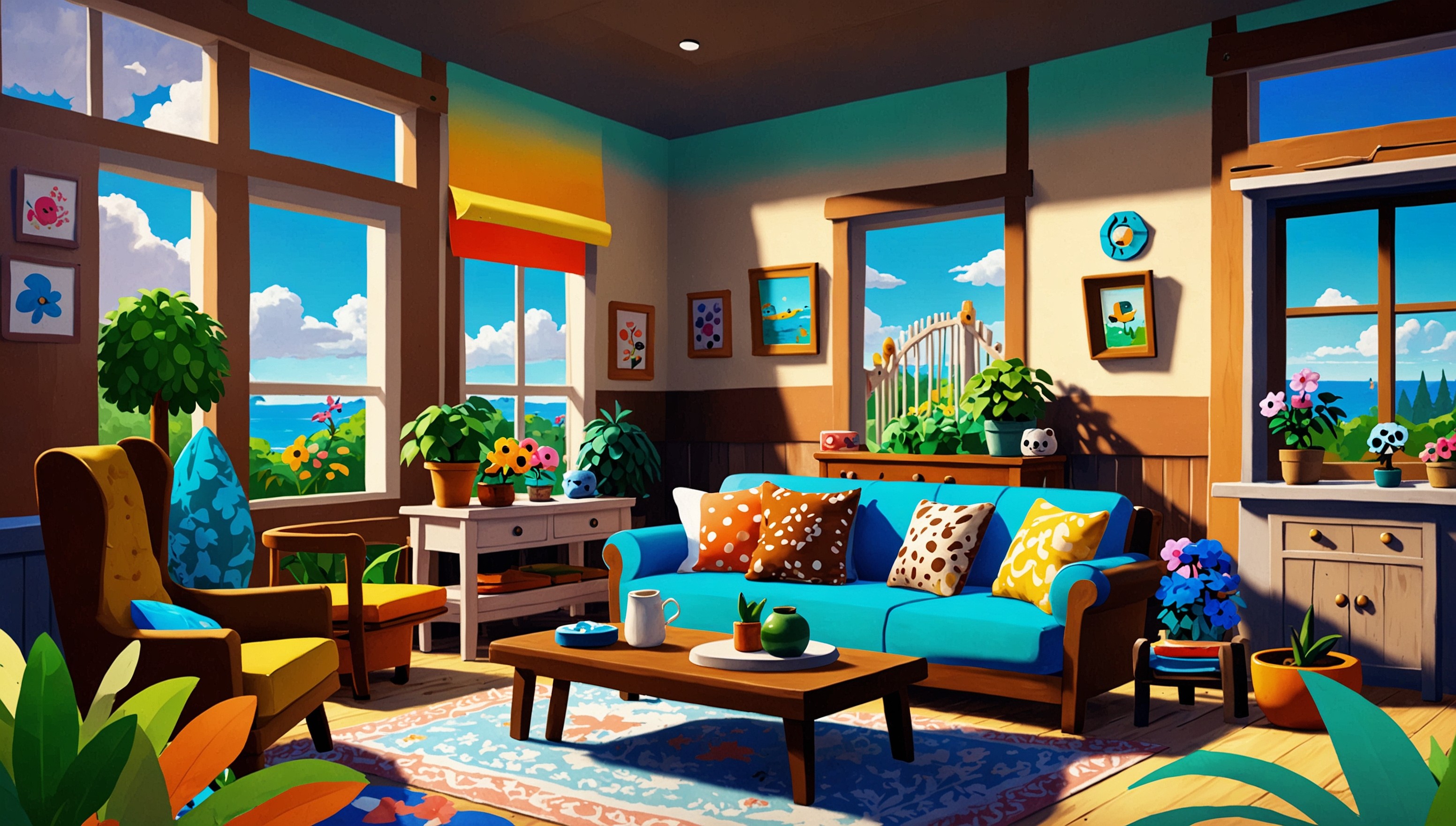 A vibrant and colorful digital illustration of a serene island scene inspired by Animal Crossing: New Horizons, set against a bright blue sky with softly puffy white clouds, featuring Tom Nook