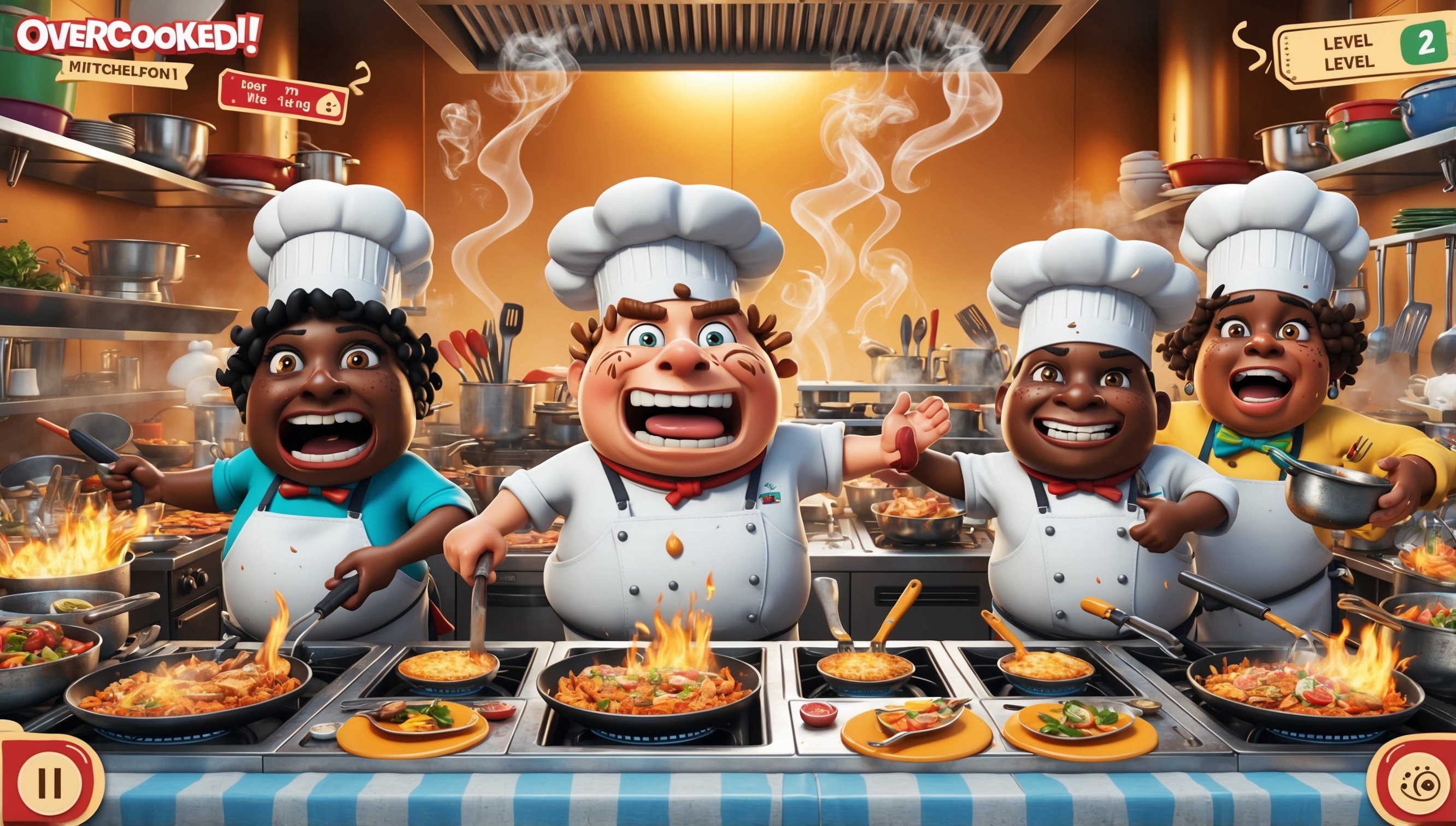 A chaotic kitchen scene from Overcooked! gameplay, with two to four chefs, each with unique facial features and skin tones, wearing colorful hats and aprons, frantically preparing and serving dishes in a bustling, vibrant environment, surrounded by sizzling pans, utensils, and ingredients, with bold, exaggerated character designs and dynamic, expressive animations, set against a warm, golden background with subtle steam and smoke effects, and adorned with playful, cursive font menus and level indicators, capturing the game