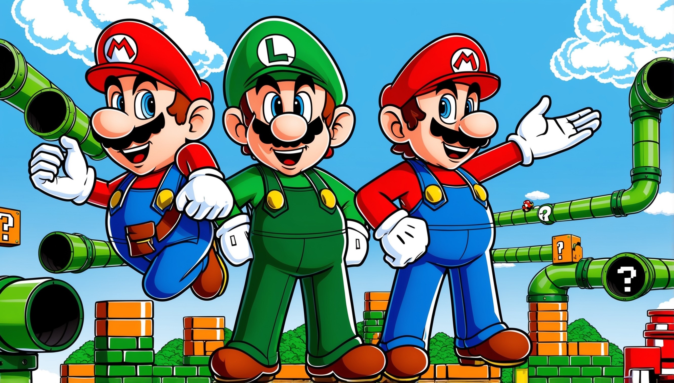 A vibrant, colorful illustration of the iconic Super Mario Bros. scene, with Mario and Luigi standing back-to-back, looking heroic, in their red and green overalls, white gloves, and red caps, against a bright blue sky with fluffy white clouds, surrounded by lush green pipes, question mark blocks, and Warp Pipes, with a subtle 8-bit video game-inspired aesthetic, reminiscent of the classic NES game, with bold lines, bright colors, and a dynamic layout that captures the sense of adventure and excitement of the beloved game.