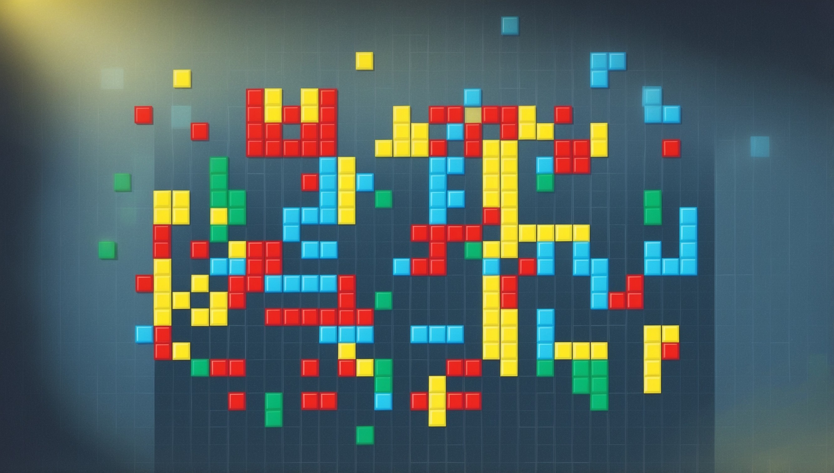 A retro-style illustration of Tetris gameplay in a pixel art aesthetic, with a grid of square blocks in various colors, such as red, blue, yellow, and green, against a dark blue or black background, with a subtle gradient effect to give it a vintage arcade feel. The blocks are arrange in a randomized pattern, with some forming solid lines, while others are scattered throughout the grid, and a few hovering above, waiting to be dropped into place. The overall style is reminiscent of classic 8-bit video games, with bold lines, geometric shapes, and a sense of simplicity and minimalism. The entire scene is set against a subtle glow, evoking the nostalgia of playing Tetris on an old CRT television.