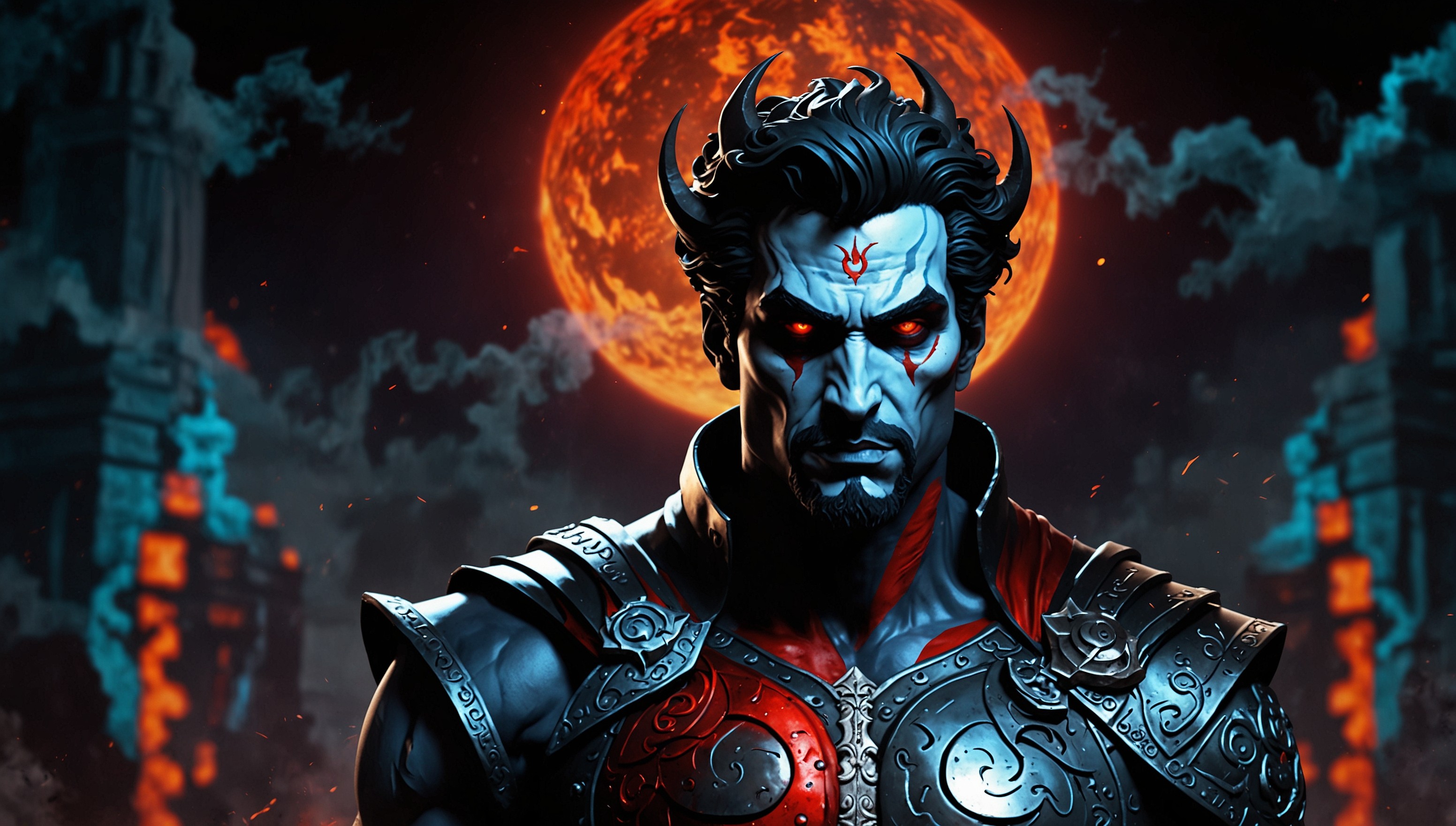 A gritty, atmospheric illustration of Hades, the Greek god of the underworld, set against a dark, fiery backdrop, with tendrils of smoke and mist swirling around him, inspired by the video game