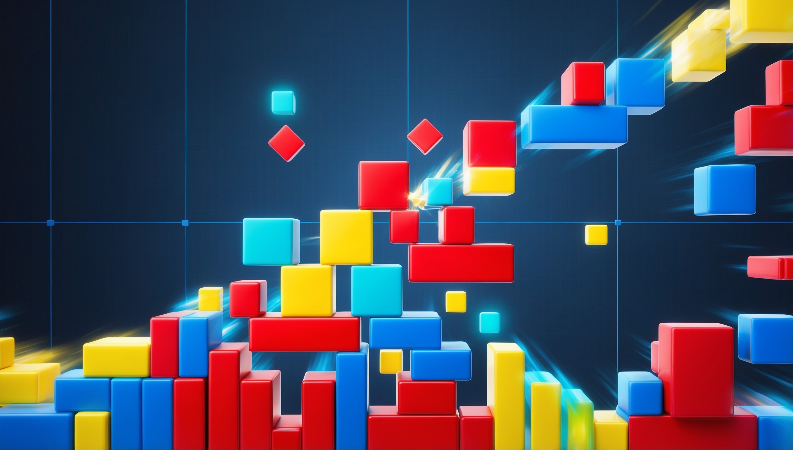 A mesmerizing digital illustration of Tetris gameplay set against a dark blue background with subtle grid lines, showcasing a mix of vibrant, geometric shapes in various sizes and colors, such as bright red, electric blue, and sunshine yellow, descending from the top of the frame towards the bottom, with some pieces already locked into place and others hovering above, waiting to be rotated and fitted into the puzzle, the overall composition bursting with energy and dynamism, with bold, clean lines and a sense of depth and dimensionality, as if the blocks are about to jump off the screen.