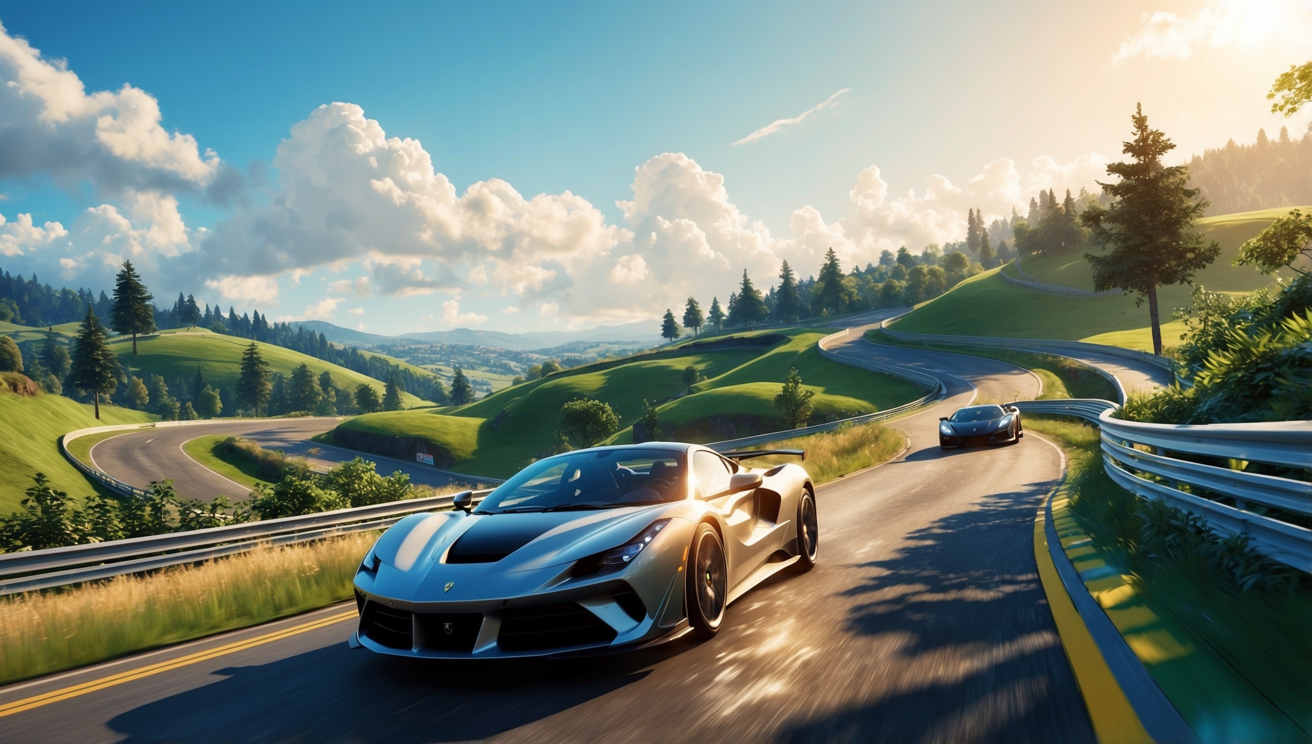 A vibrant and dynamic digital illustration depicting an exhilarating scene from Forza Horizon gameplay, set against a warm and sunny backdrop with a few fluffy white clouds scattered across the bright blue sky. In the foreground, a sleek, high-performance sports car, such as a Ferrari or Lamborghini, is racing down a winding road that snakes through a picturesque landscape of rolling hills and lush green forests. The car