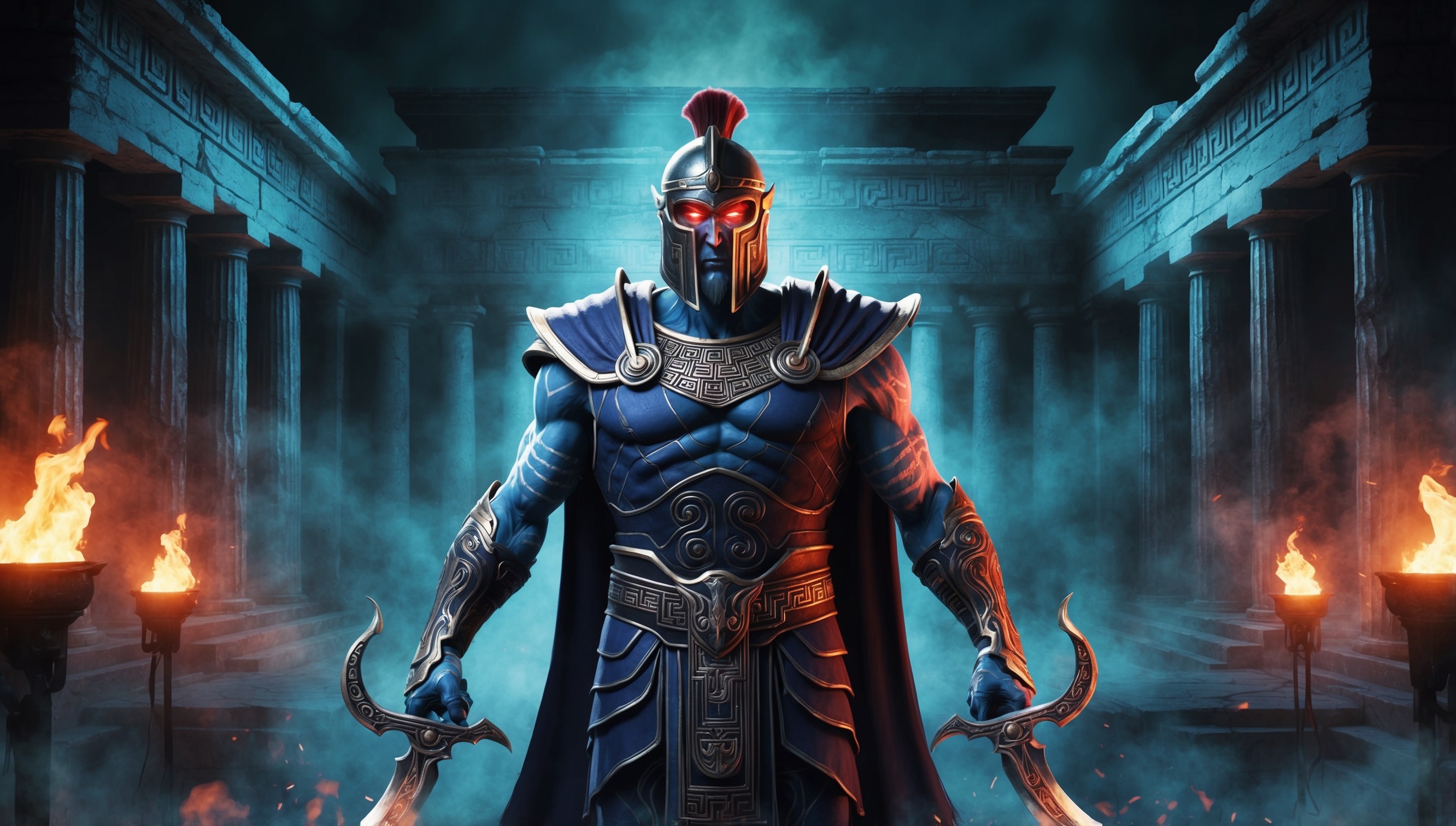 A dark, gritty, and atmospheric digital illustration depicting Hades, the god of the underworld, from the video game of the same name, standing in a dimly lit, ancient Greek-inspired temple, surrounded by eerie torches and misty fog, with a haunting, gradientblue-green background that evokes a sense of mystery and foreboding, Hades himself wearing a helmet with a curved, pointed noseguard and a stern expression, his skin a pale, ghostly blue, his eyes glowing with an otherworldly red light, holding a pair of ornate, curved swords, with intricate, ancient Greek-inspired detailing on his armor and helmet, and a subtle, fiery glow emanating from the edges of his figure, as if his very presence is radiating heat and power.